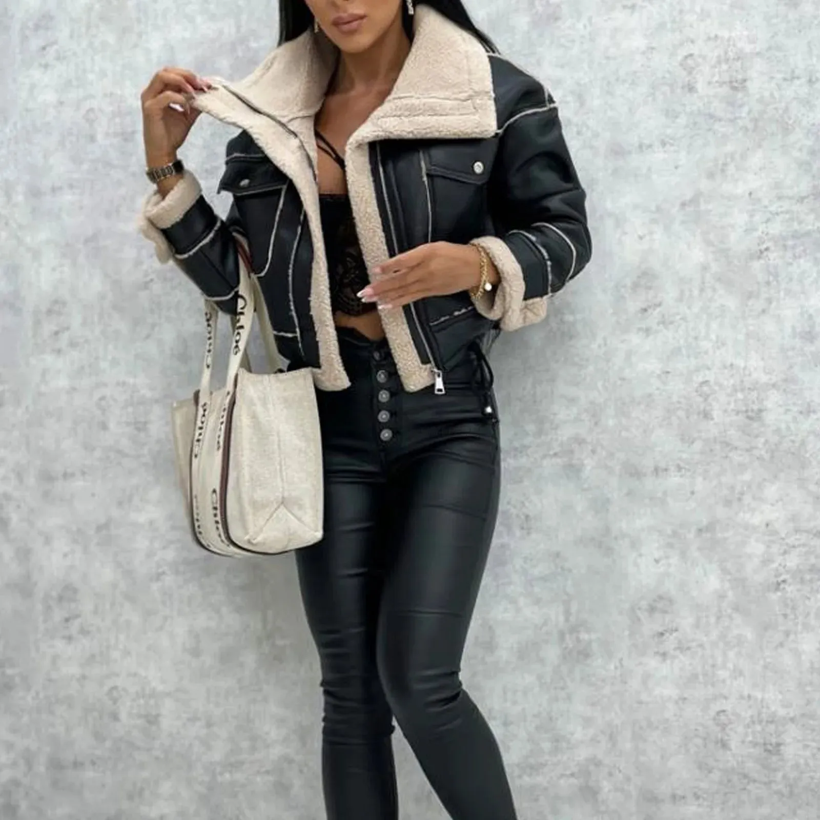 Black leather jacket made of sheepskin