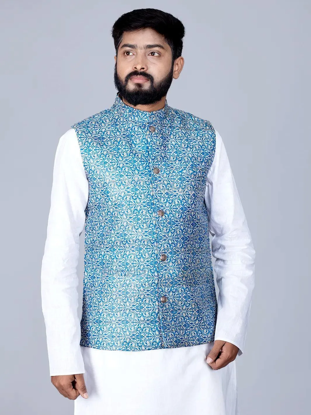 Blue Printed Ghicha Silk Modi Jacket