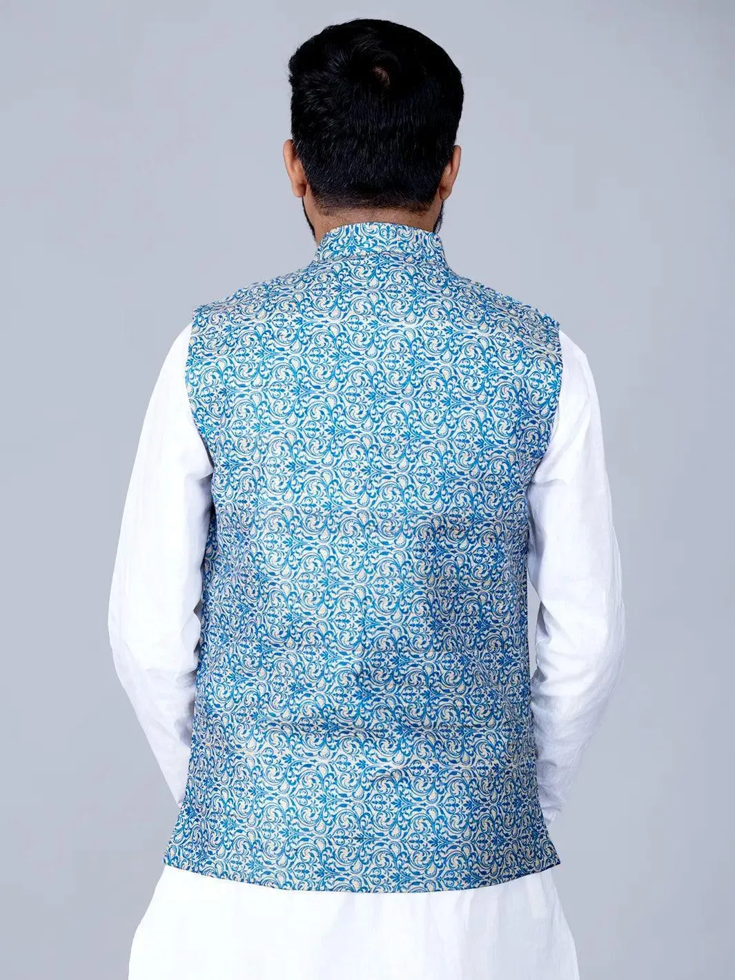 Blue Printed Ghicha Silk Modi Jacket