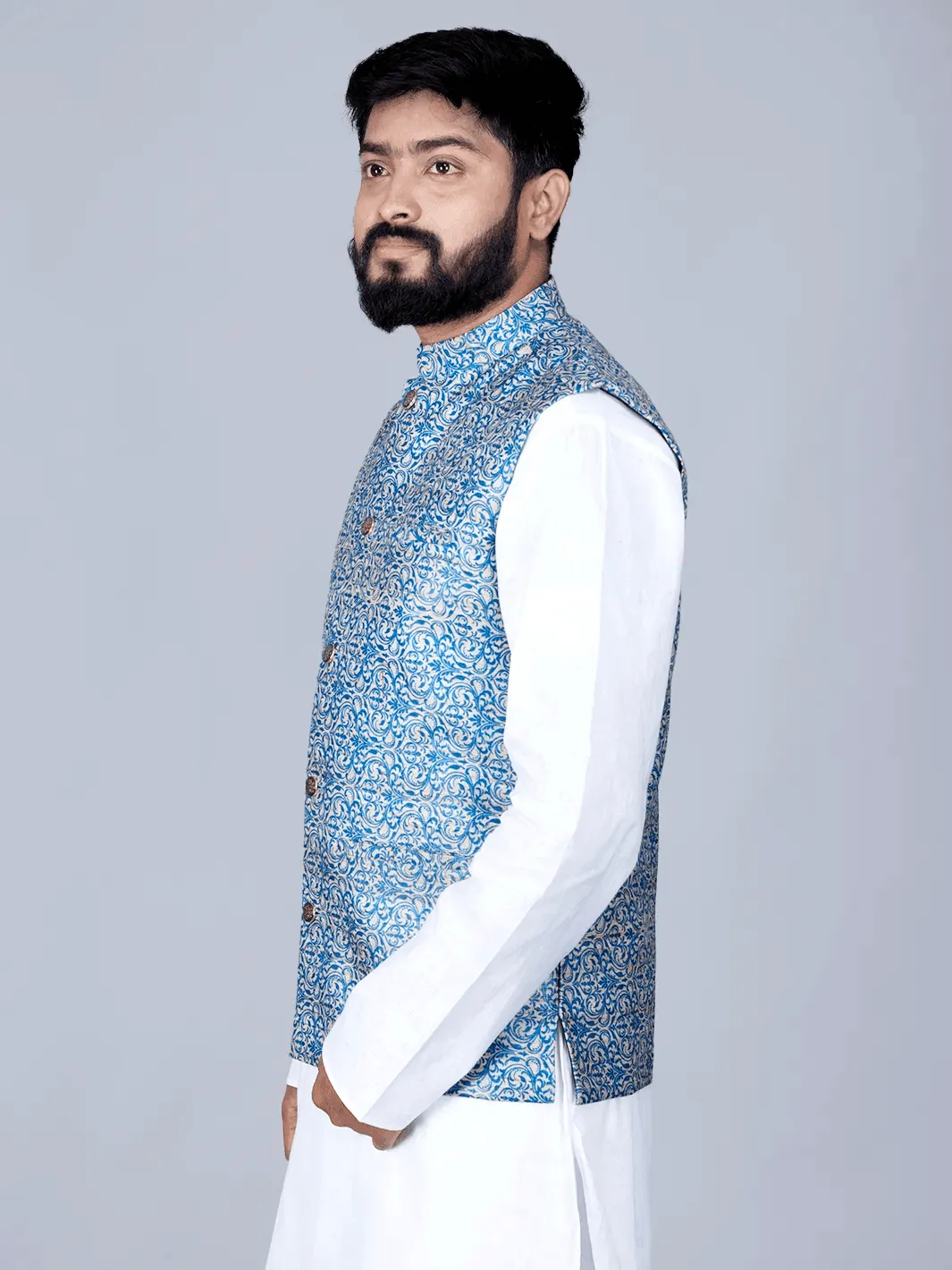 Blue Printed Ghicha Silk Modi Jacket