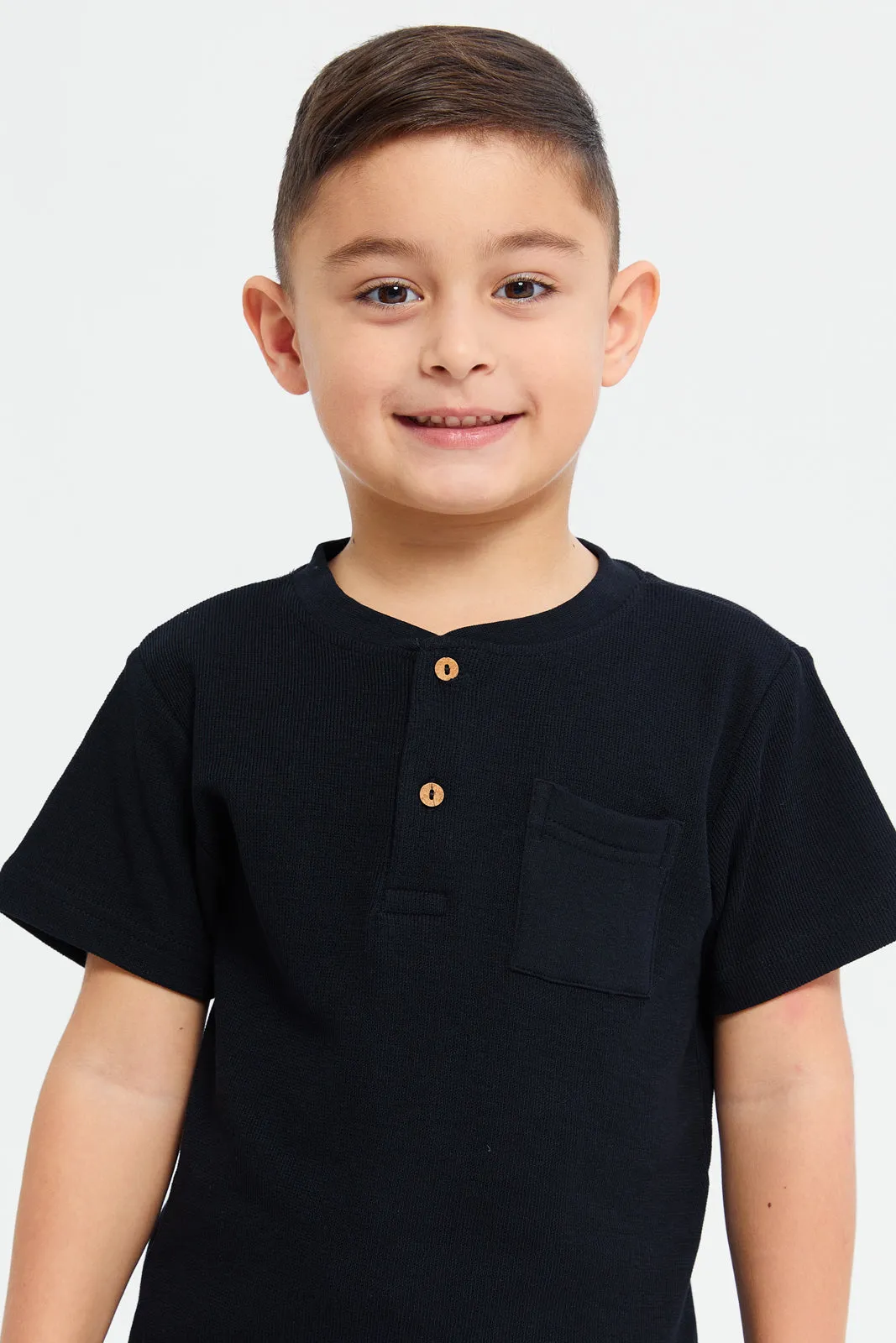 Boys Black Henley Short Sleeve T-Shirt