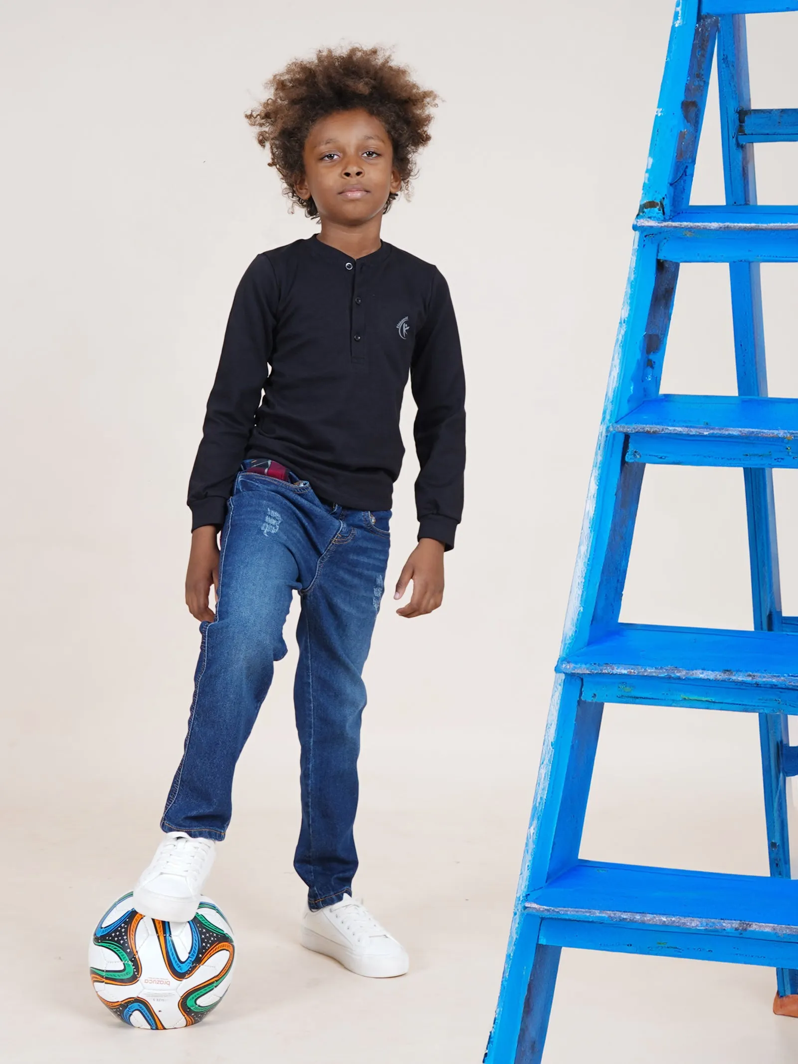 Boys Cotton Solid Full Sleeves Henley Neck Tee & Denim Jeans With Mild Distress