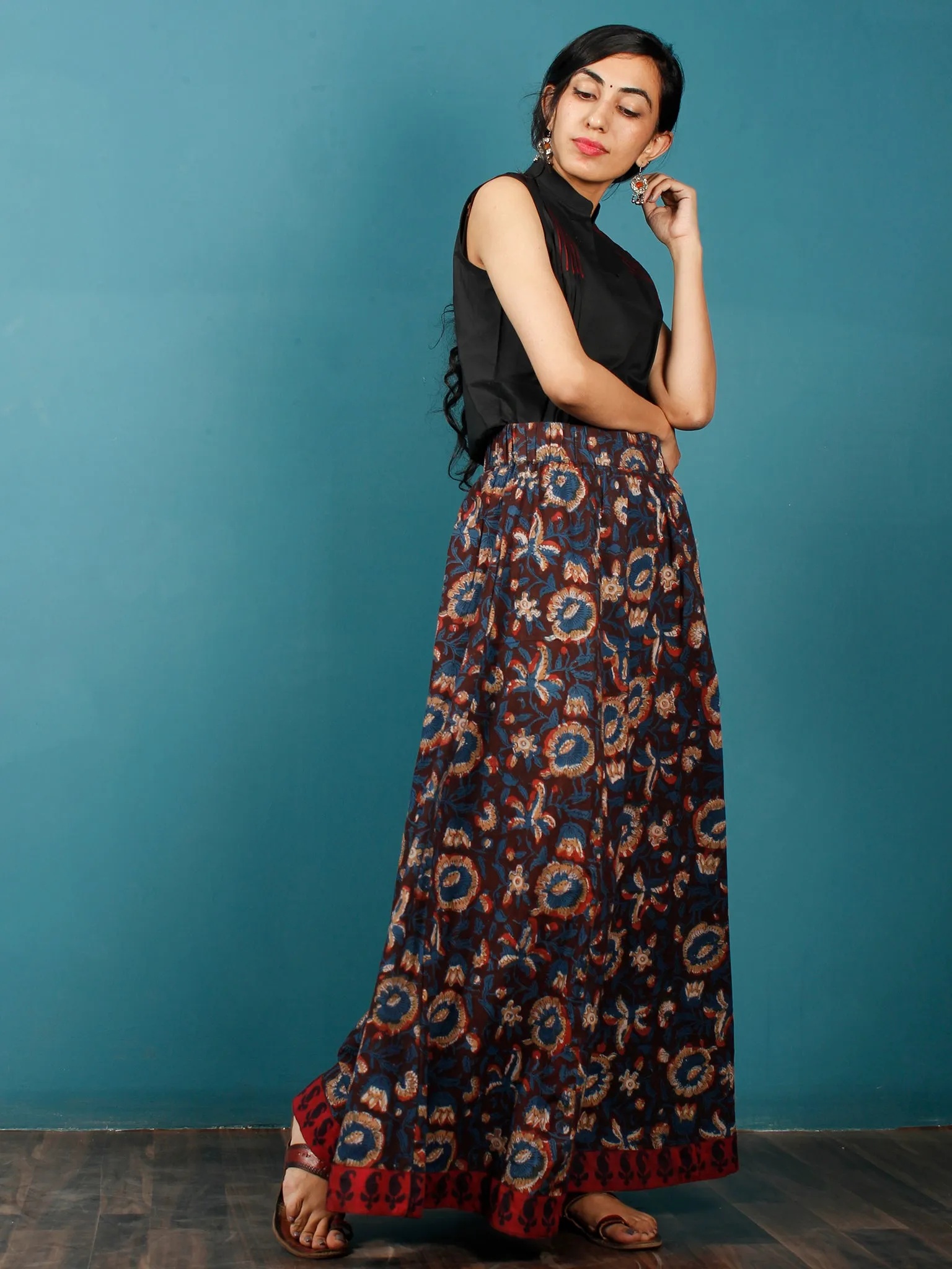 Brown Indigo Rust Beige Hand Block Printed Skirt With Maroon Ajrakh Border  - S40F613