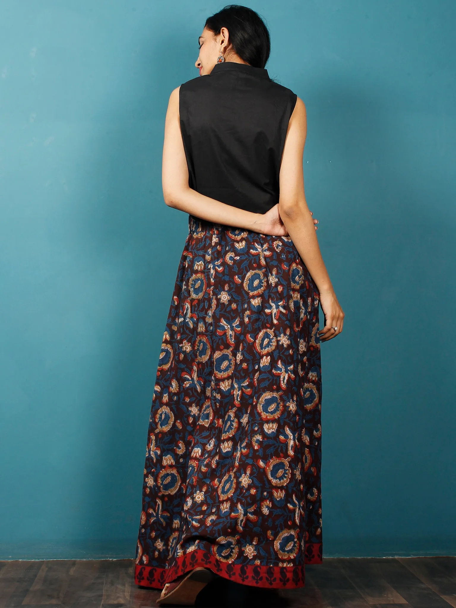 Brown Indigo Rust Beige Hand Block Printed Skirt With Maroon Ajrakh Border  - S40F613