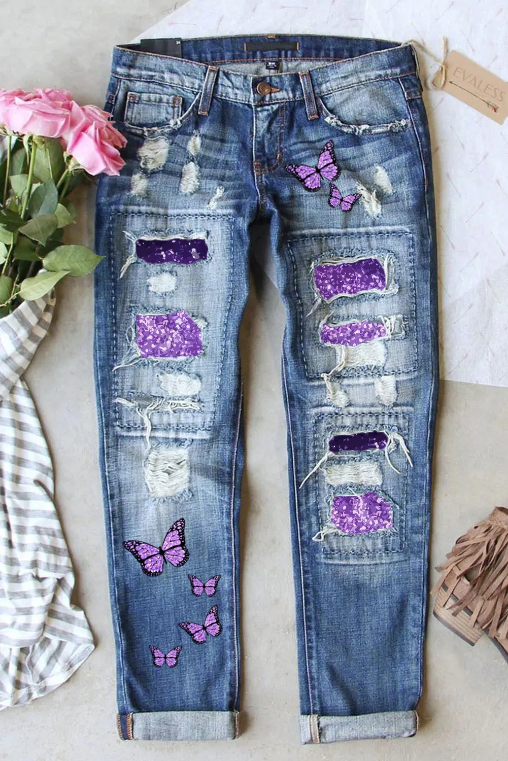 Butterfly Glitter Denim Pants Patchwork Acid Wash Distressed Jeans