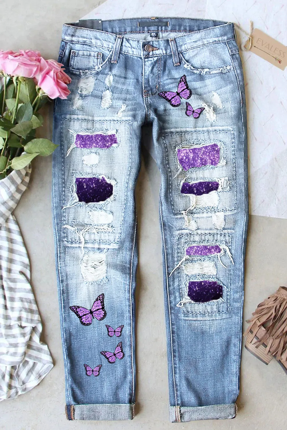 Butterfly Glitter Denim Pants Patchwork Acid Wash Distressed Jeans