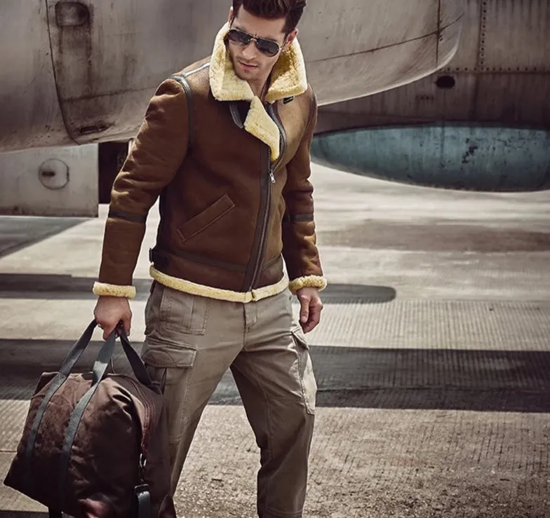 Camel Genuine Leather Shearling Fur Lining Aviation Jacket