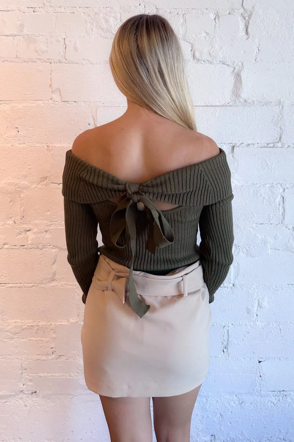 Cameron Off The Shoulder Bar Back Ribbed Sweater