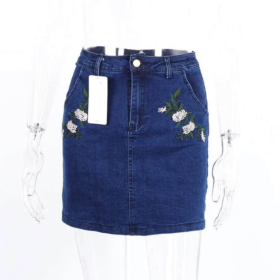 Casual Denim Embroidery Flowers Skirt