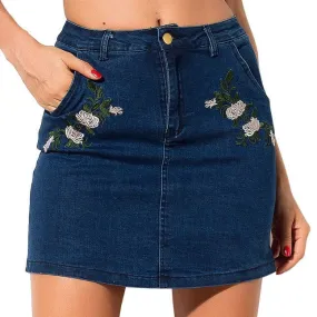 Casual Denim Embroidery Flowers Skirt