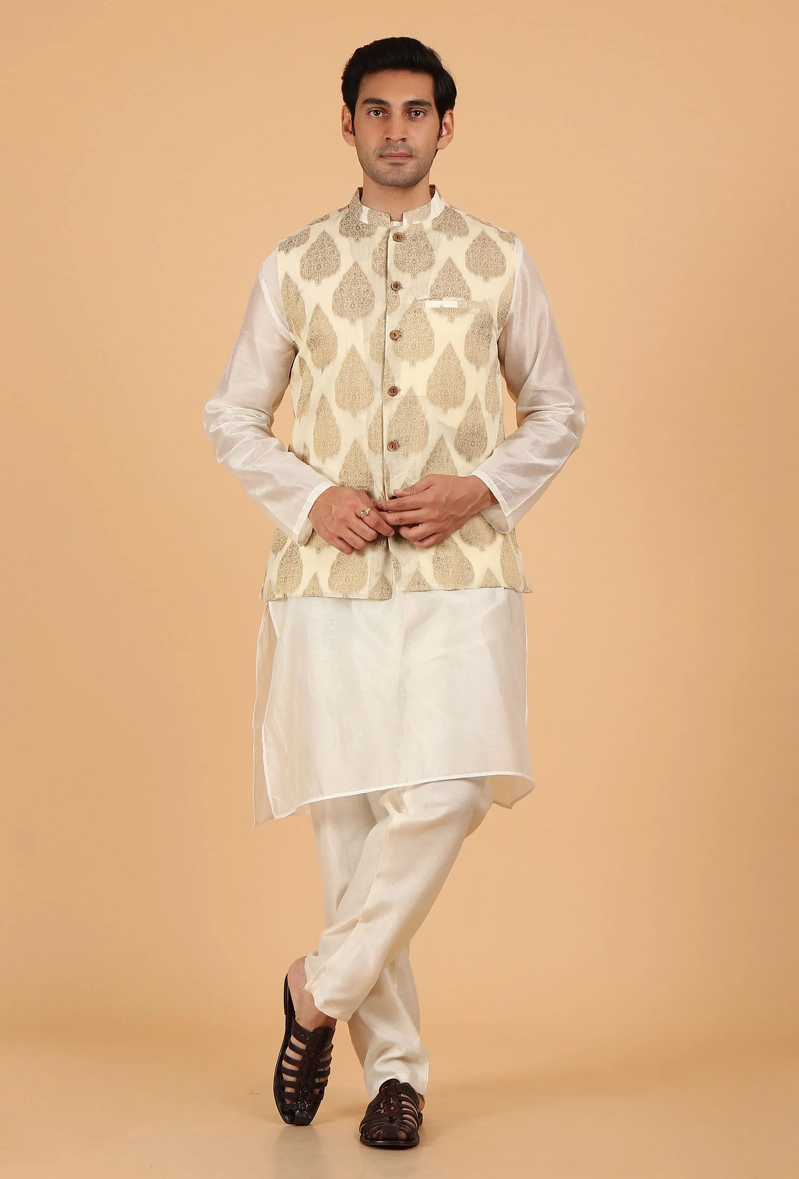 Cream Brocade Sleeveless Nehru Jacket