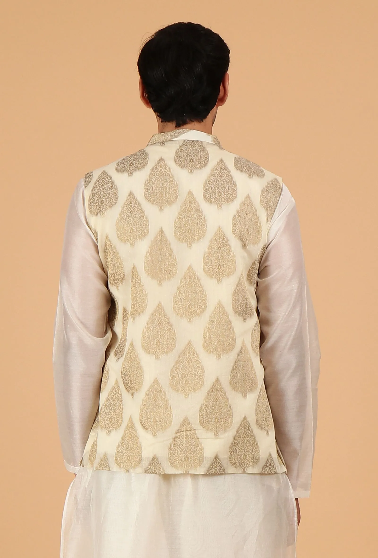 Cream Brocade Sleeveless Nehru Jacket