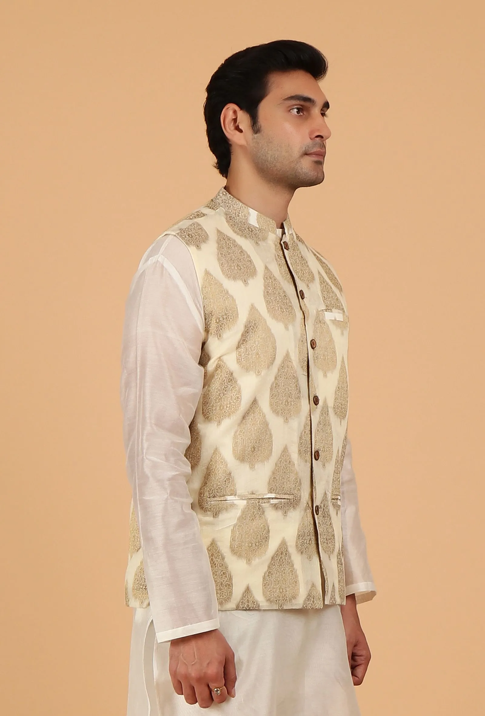 Cream Brocade Sleeveless Nehru Jacket