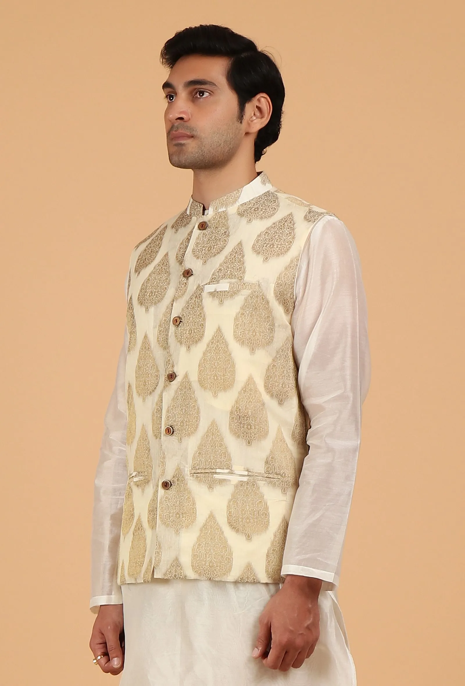 Cream Brocade Sleeveless Nehru Jacket