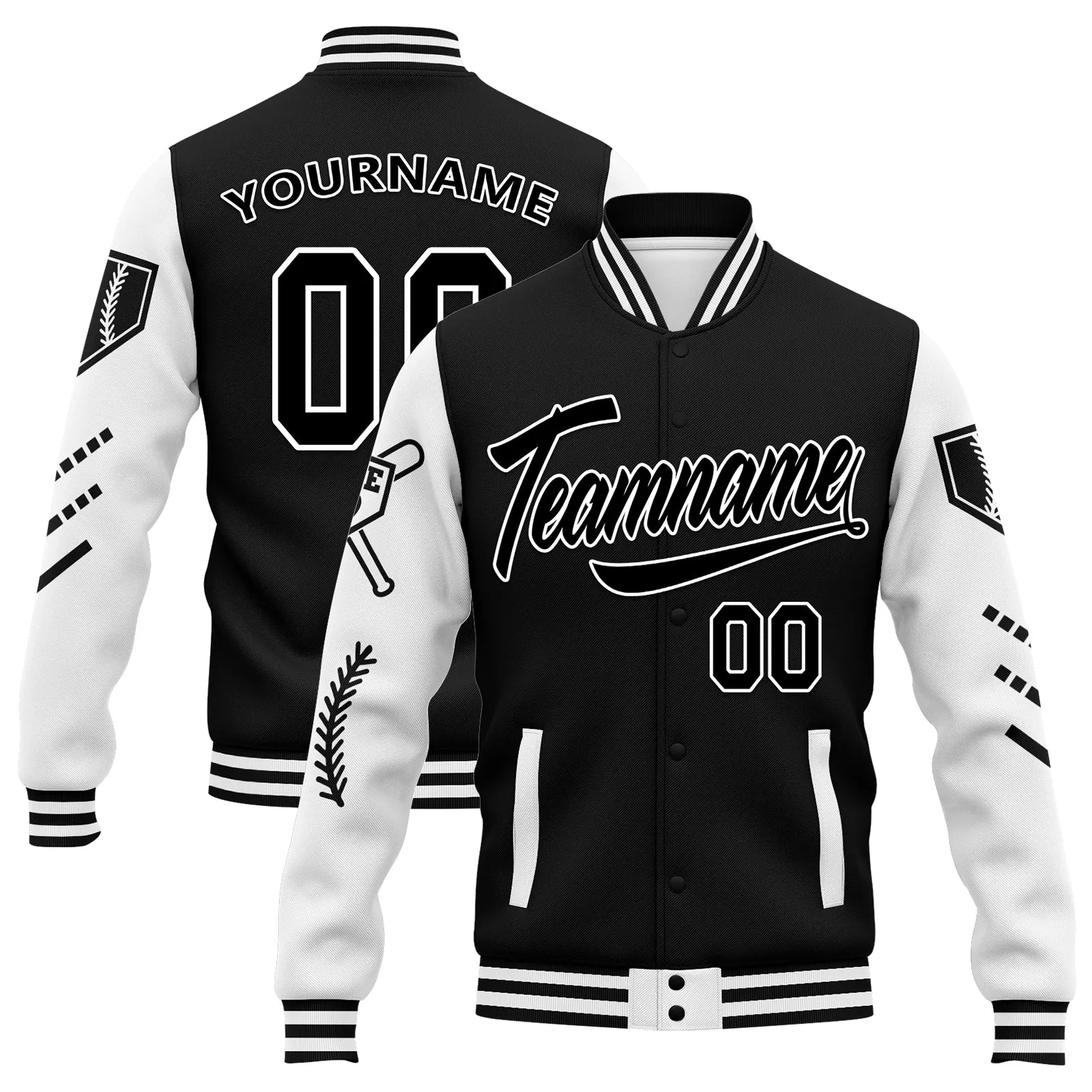 Custom Black White Raglan Sleeves Jacket Bomber Full-Snap Varsity Letterman Personalized Jacket FZ005-D023002-8