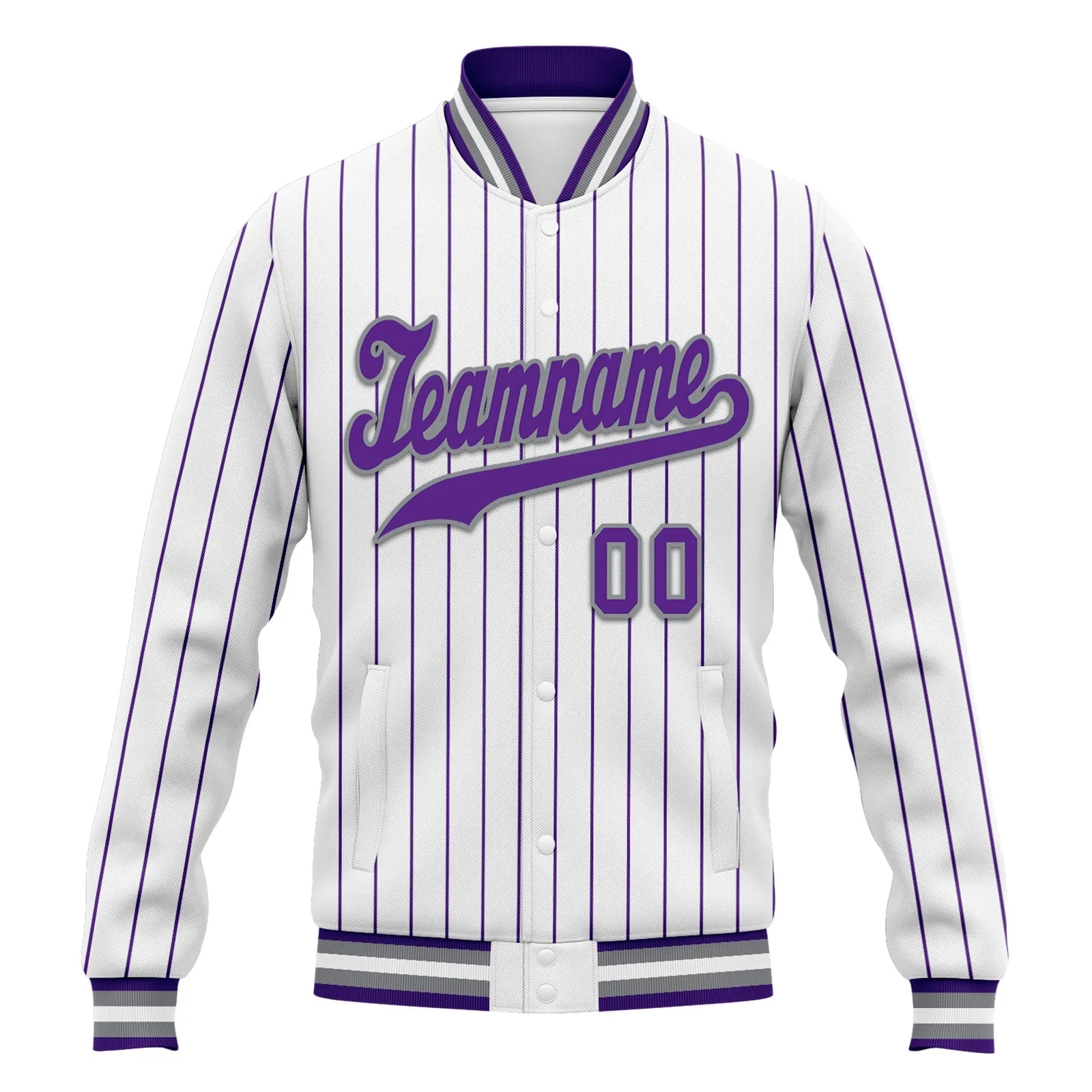 Custom White Purple Stripe Fashion Jacket Bomber Full-Snap Varsity Letterman Personalized Jacket FZ005-D020219-15