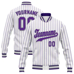 Custom White Purple Stripe Fashion Jacket Bomber Full-Snap Varsity Letterman Personalized Jacket FZ005-D020219-15