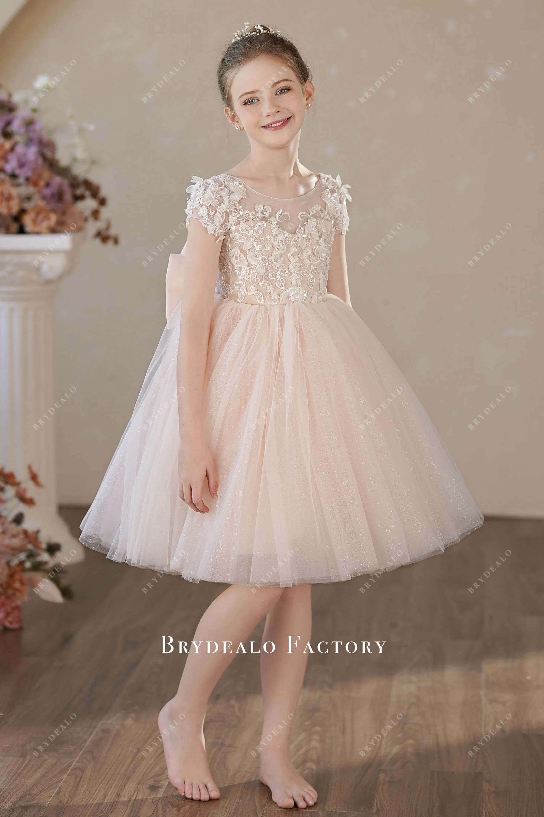 Cute Knee Length 3D Lace Pearl Pink Glitter Tulle Flower Girl Dress