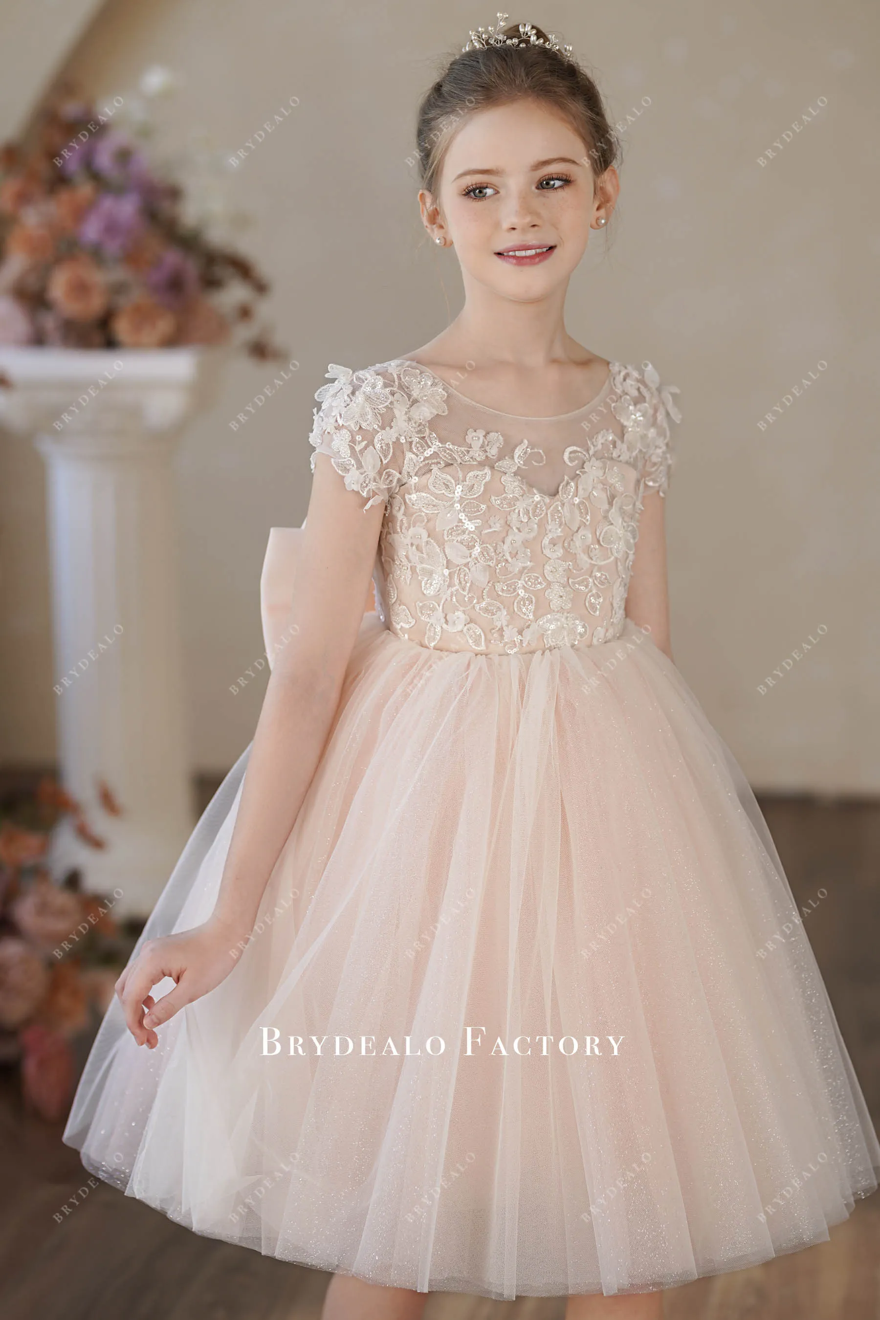 Cute Knee Length 3D Lace Pearl Pink Glitter Tulle Flower Girl Dress