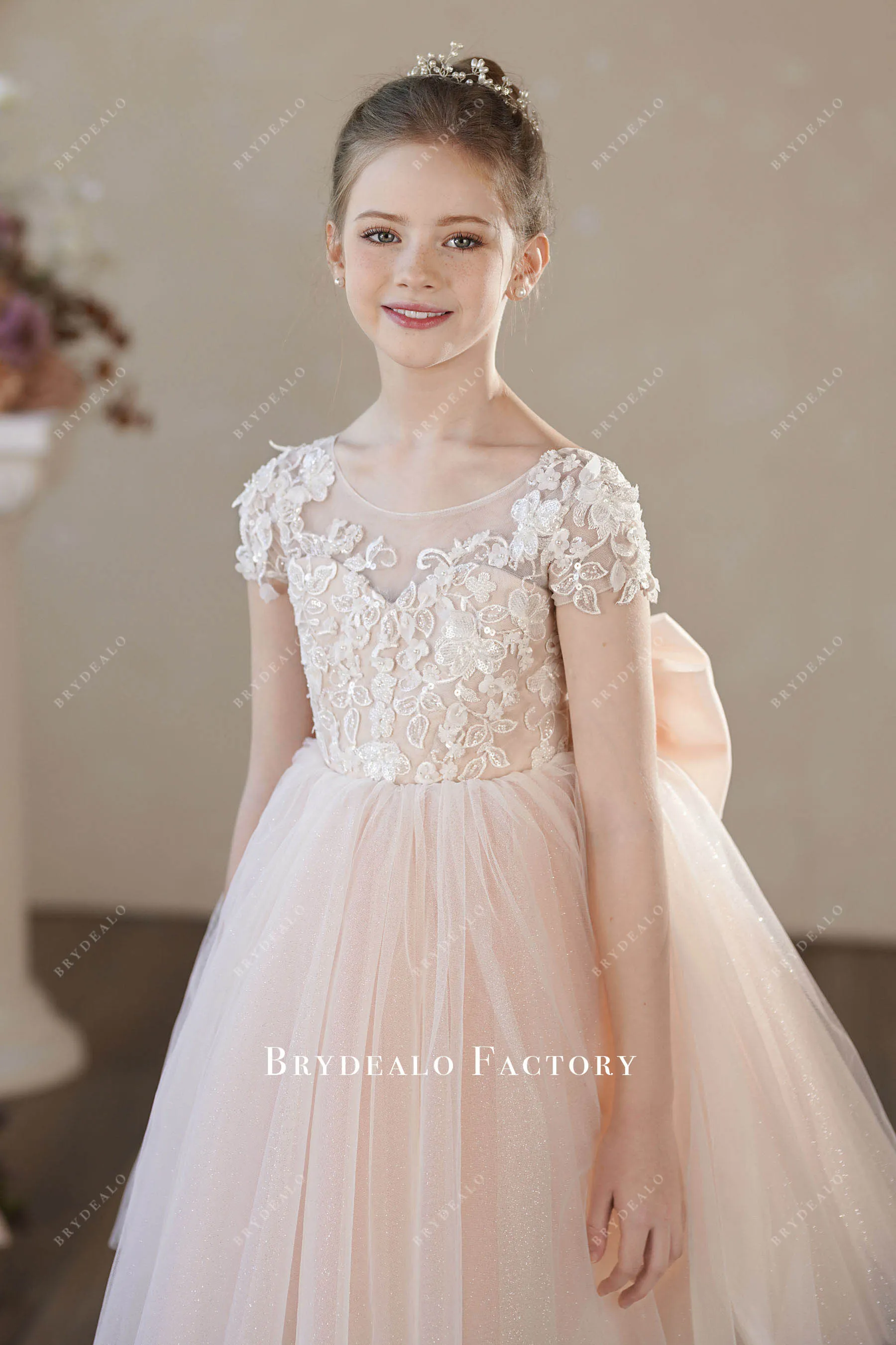 Cute Knee Length 3D Lace Pearl Pink Glitter Tulle Flower Girl Dress