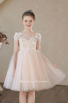 Cute Knee Length 3D Lace Pearl Pink Glitter Tulle Flower Girl Dress