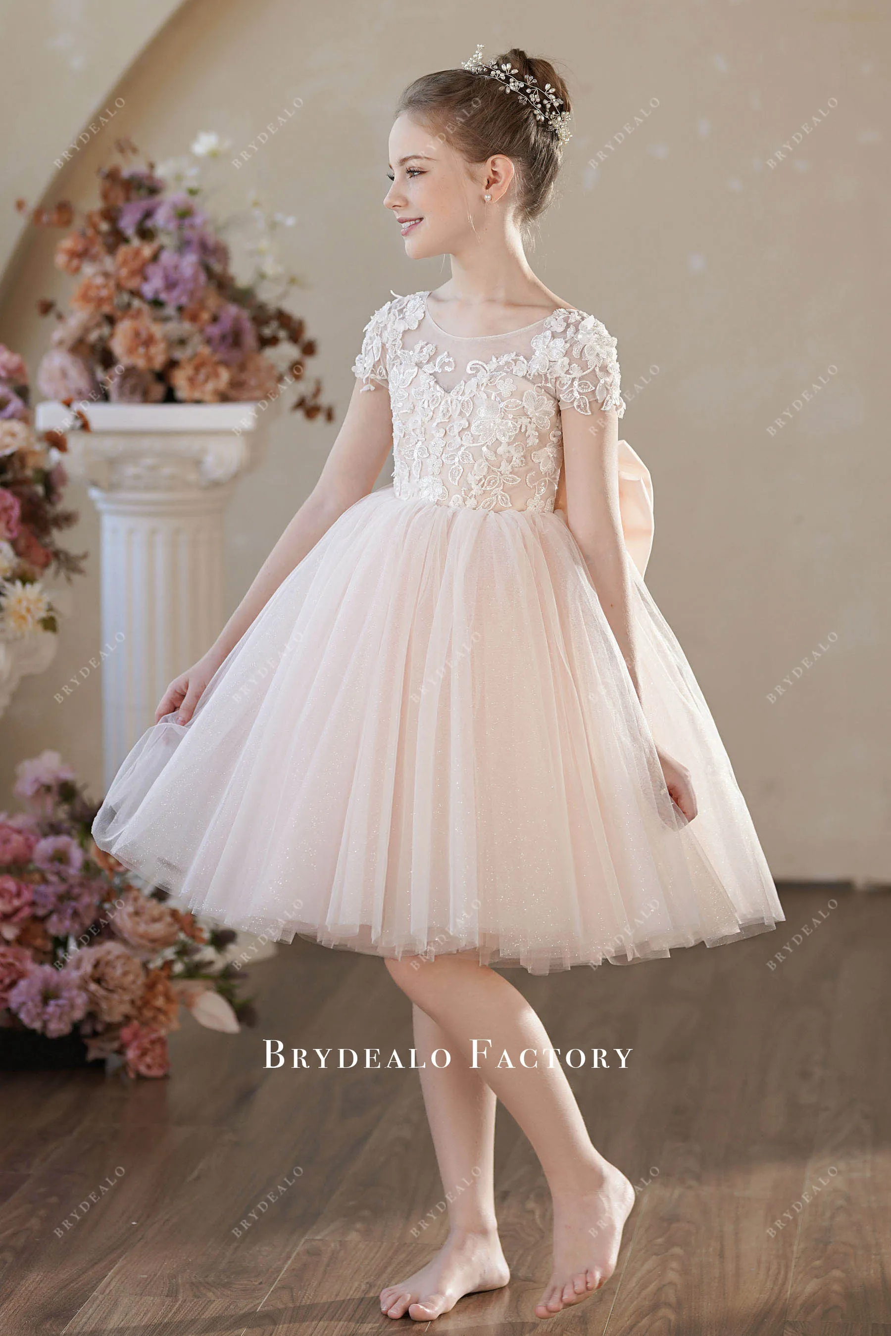 Cute Knee Length 3D Lace Pearl Pink Glitter Tulle Flower Girl Dress