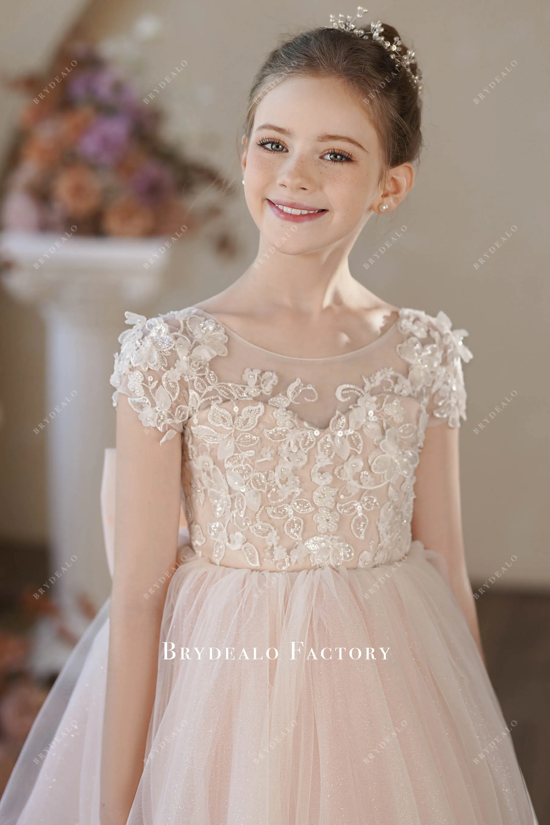 Cute Knee Length 3D Lace Pearl Pink Glitter Tulle Flower Girl Dress