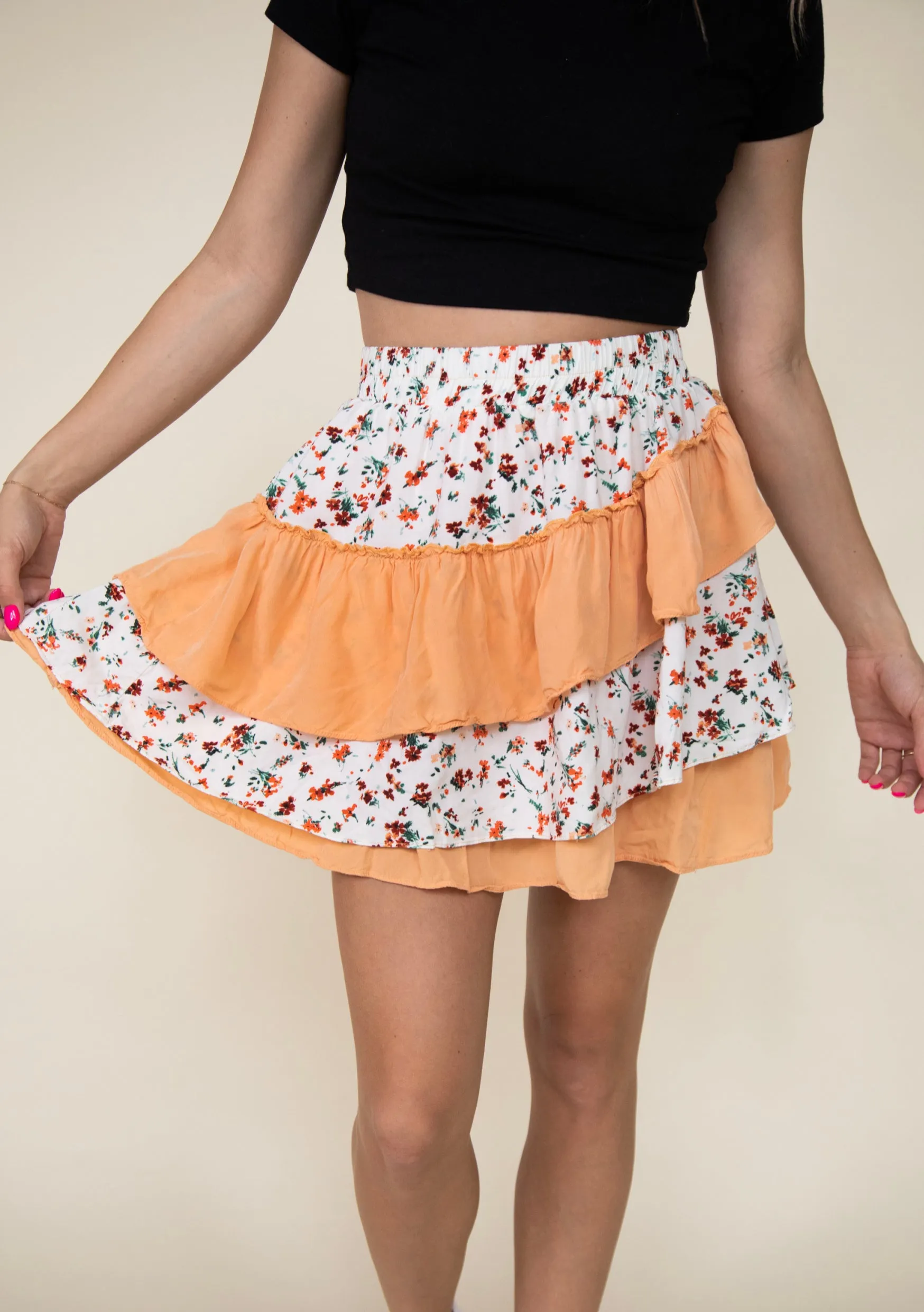 Deep Summer Floral Ruffle Mini Skirt