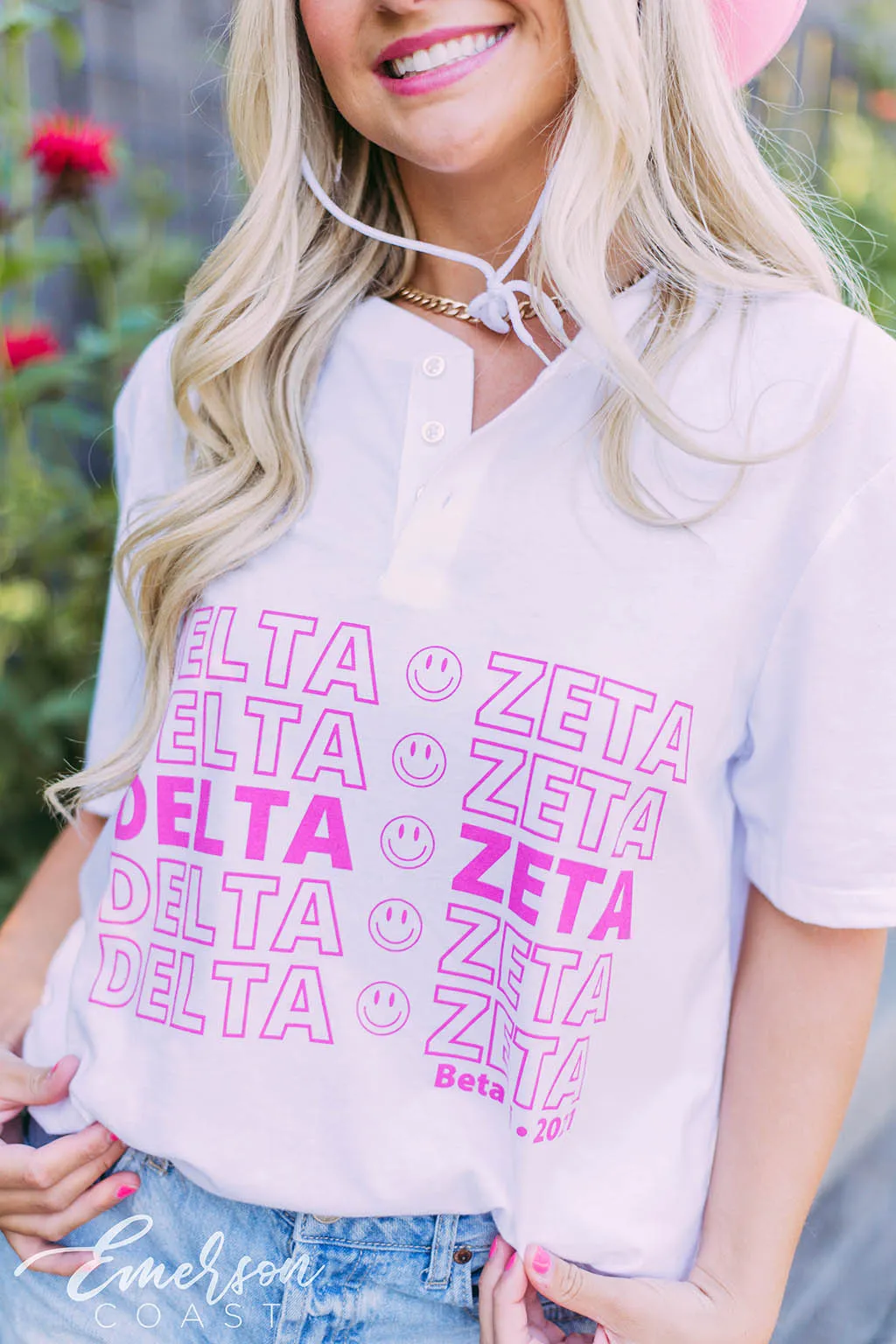 Delta Zeta Smiley Face Henley Tee