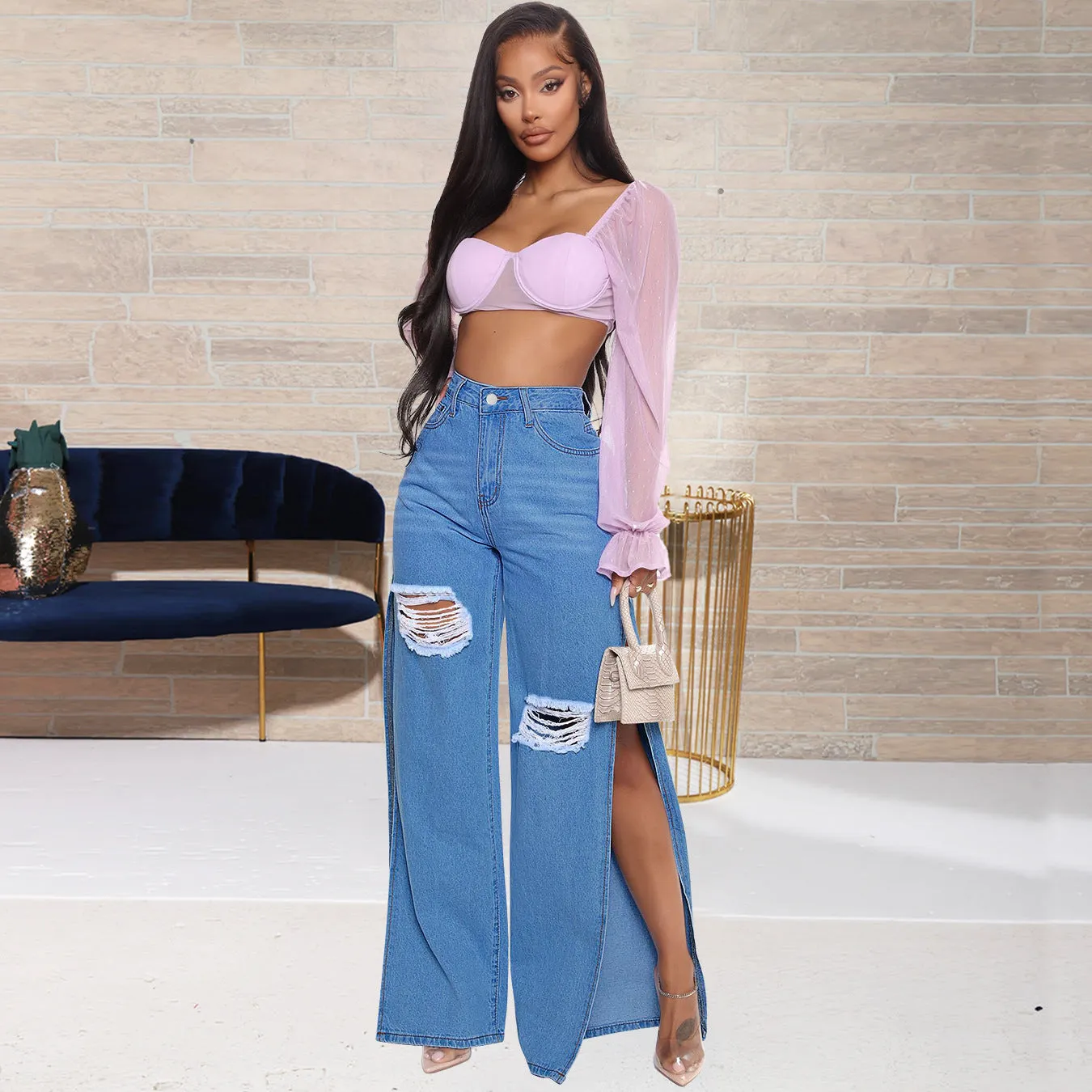 Denim Long Wide-Leg Pants Trousers