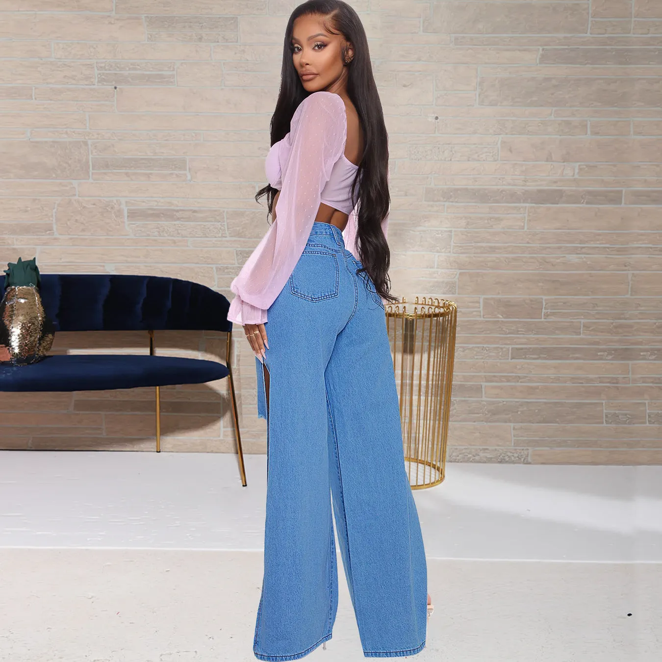 Denim Long Wide-Leg Pants Trousers