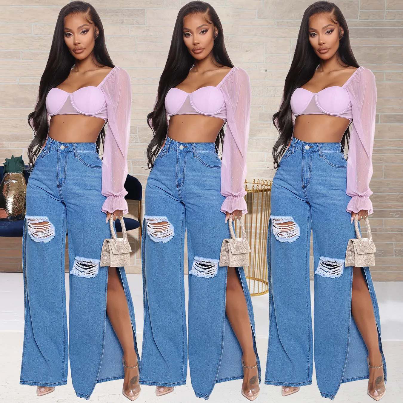 Denim Long Wide-Leg Pants Trousers