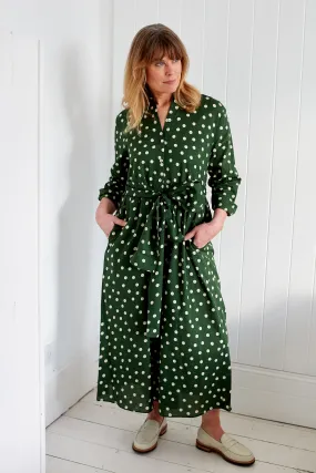 Didsbury Dress in Olive Green with Cream Spot