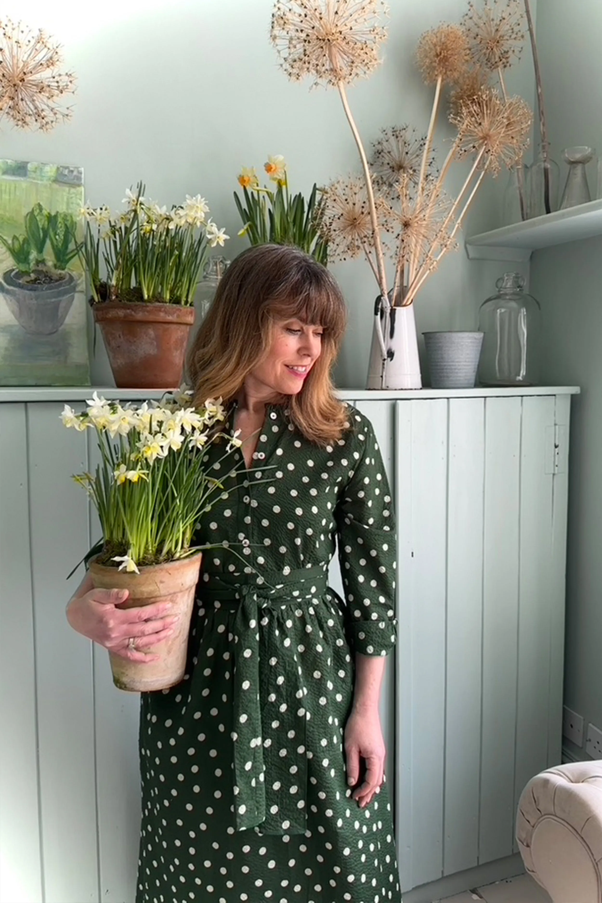 Didsbury Dress in Olive Green with Cream Spot