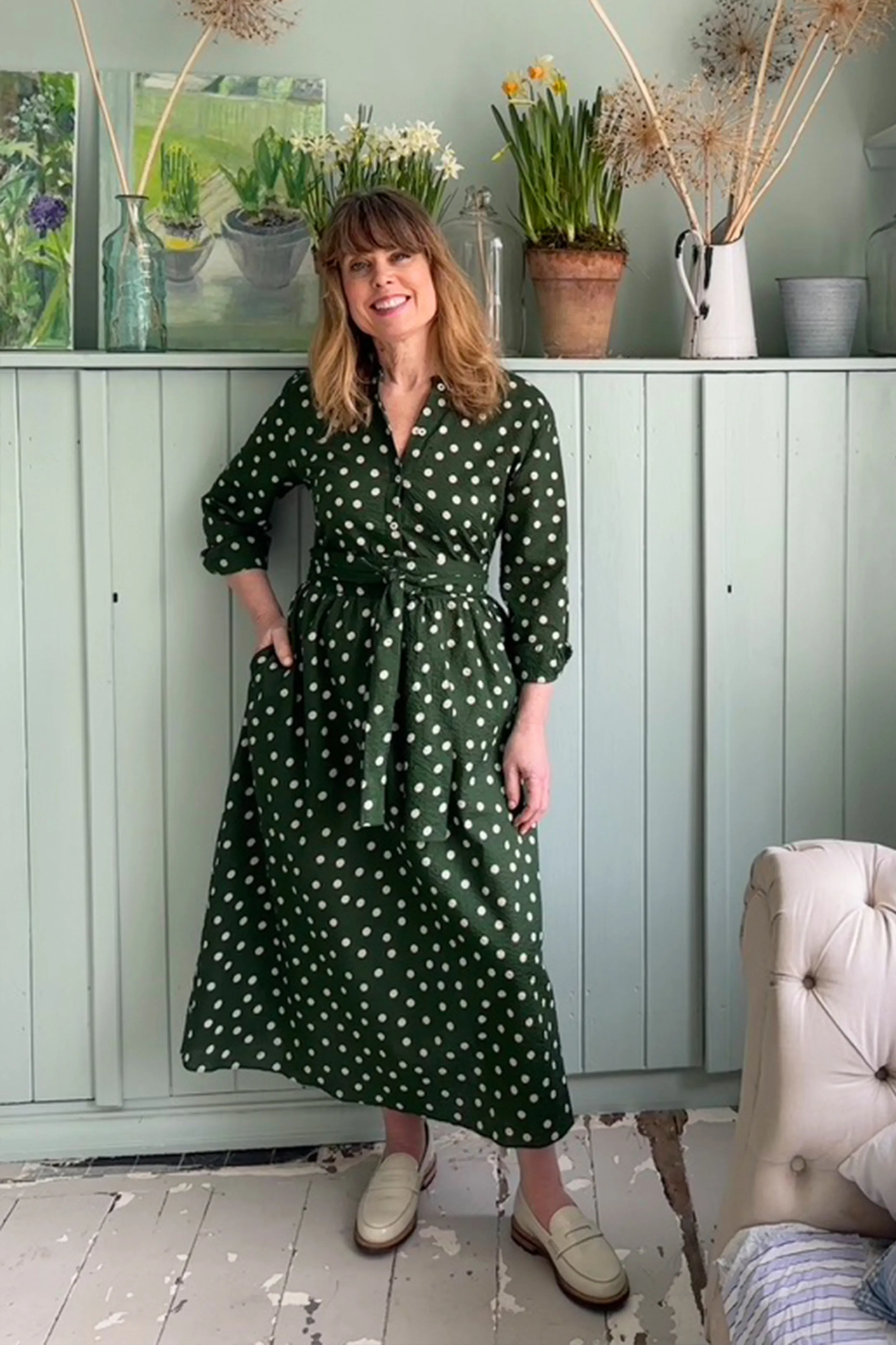 Didsbury Dress in Olive Green with Cream Spot