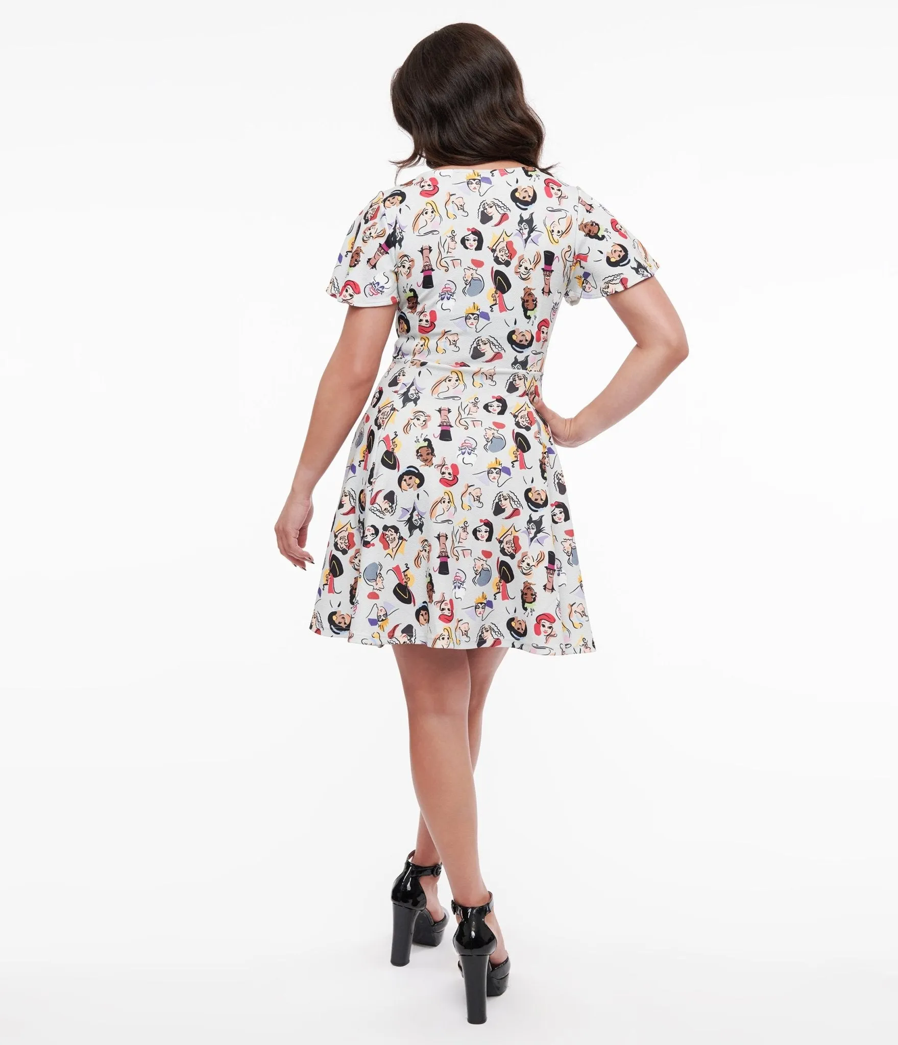 Disney Princess Collection by Unique Vintage Grey Princess & Villain All Over Print Fit & Flare Dress