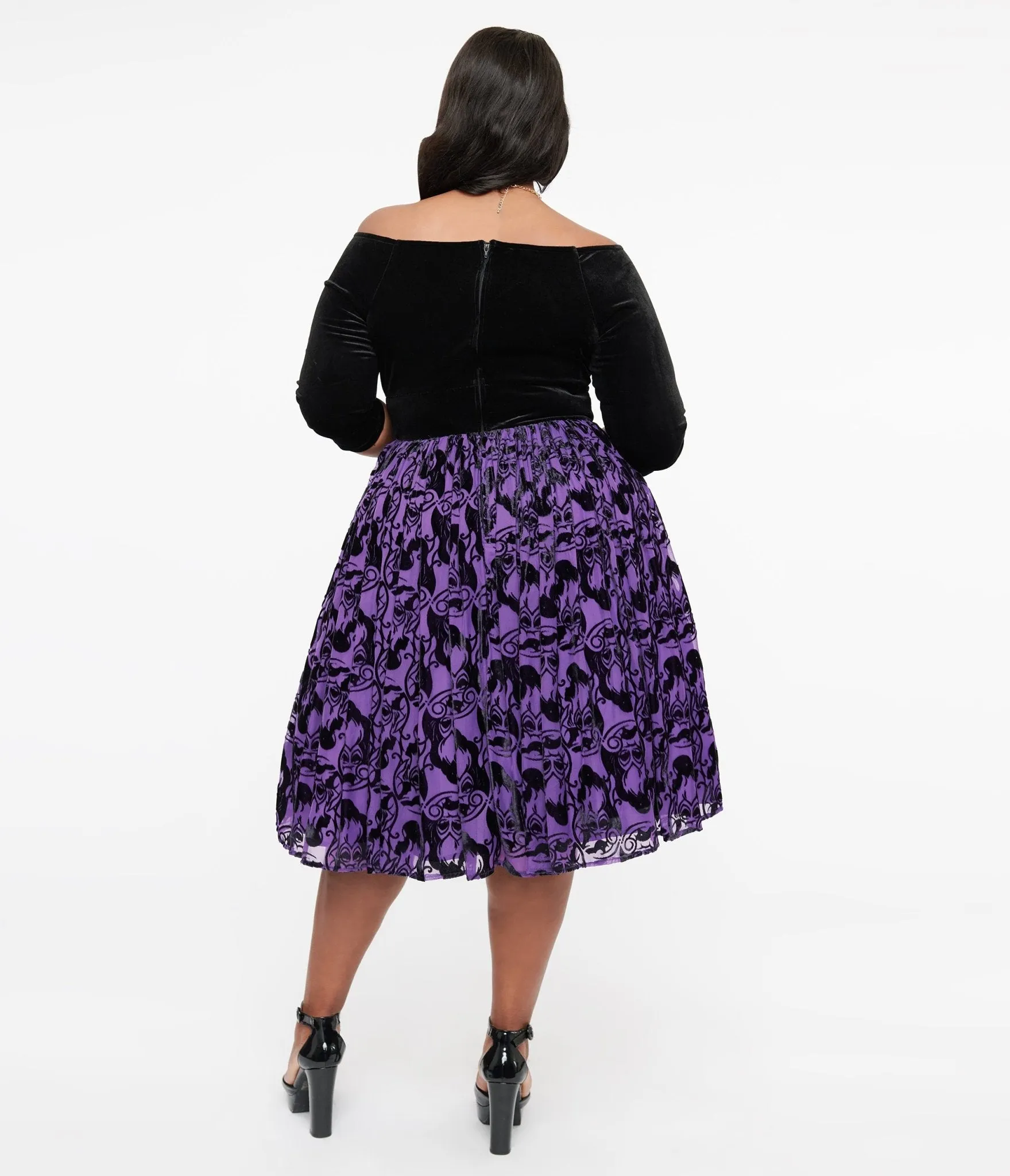 Disney Princess collection by Unique Vintage Plus Size Purple & Black Ursula Burnout Velvet Marceline Swing Dress