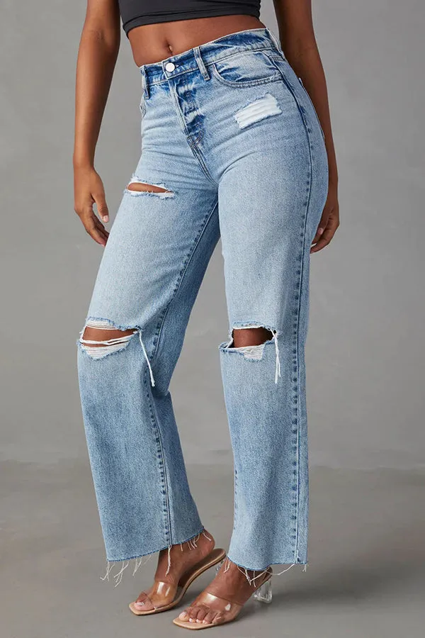 Distressed High Waist Straight Jeans