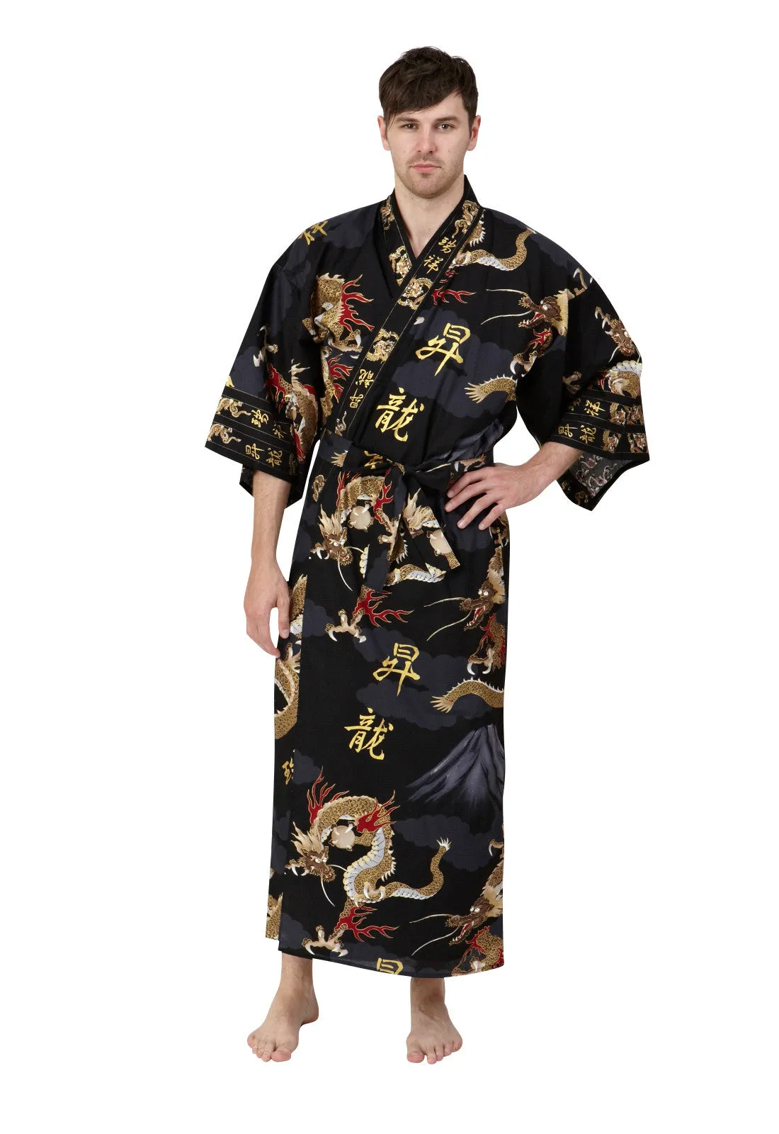 Dragon & Mt Fuji Long Cotton Kimono Black