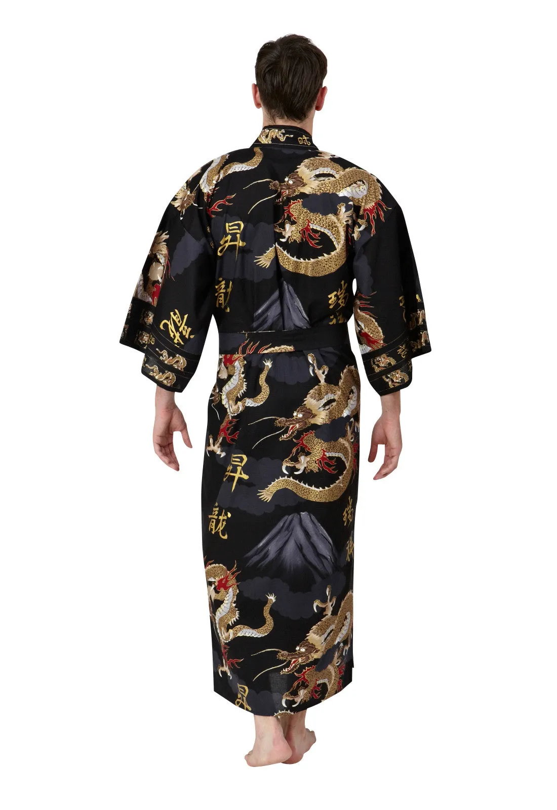 Dragon & Mt Fuji Long Cotton Kimono Black