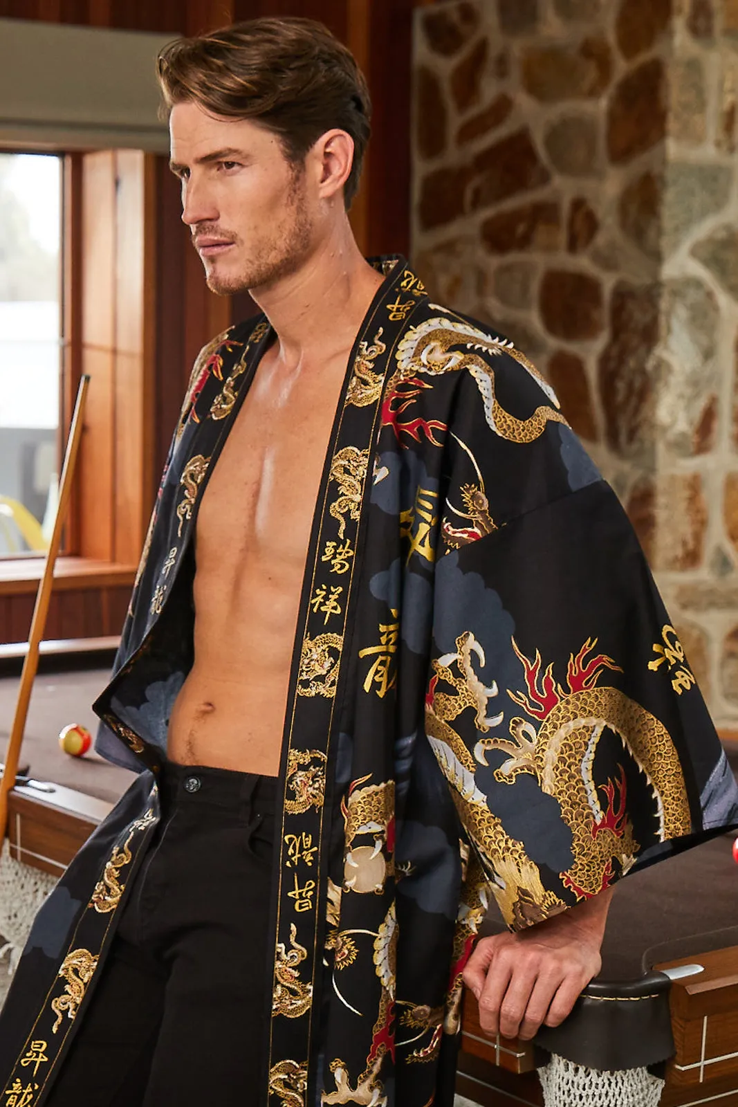 Dragon & Mt Fuji Long Cotton Kimono Black