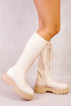 DYANNA KNITTED PANEL LACE UP CALF BOOTS IN IVORY CREAM FAUX LEATHER