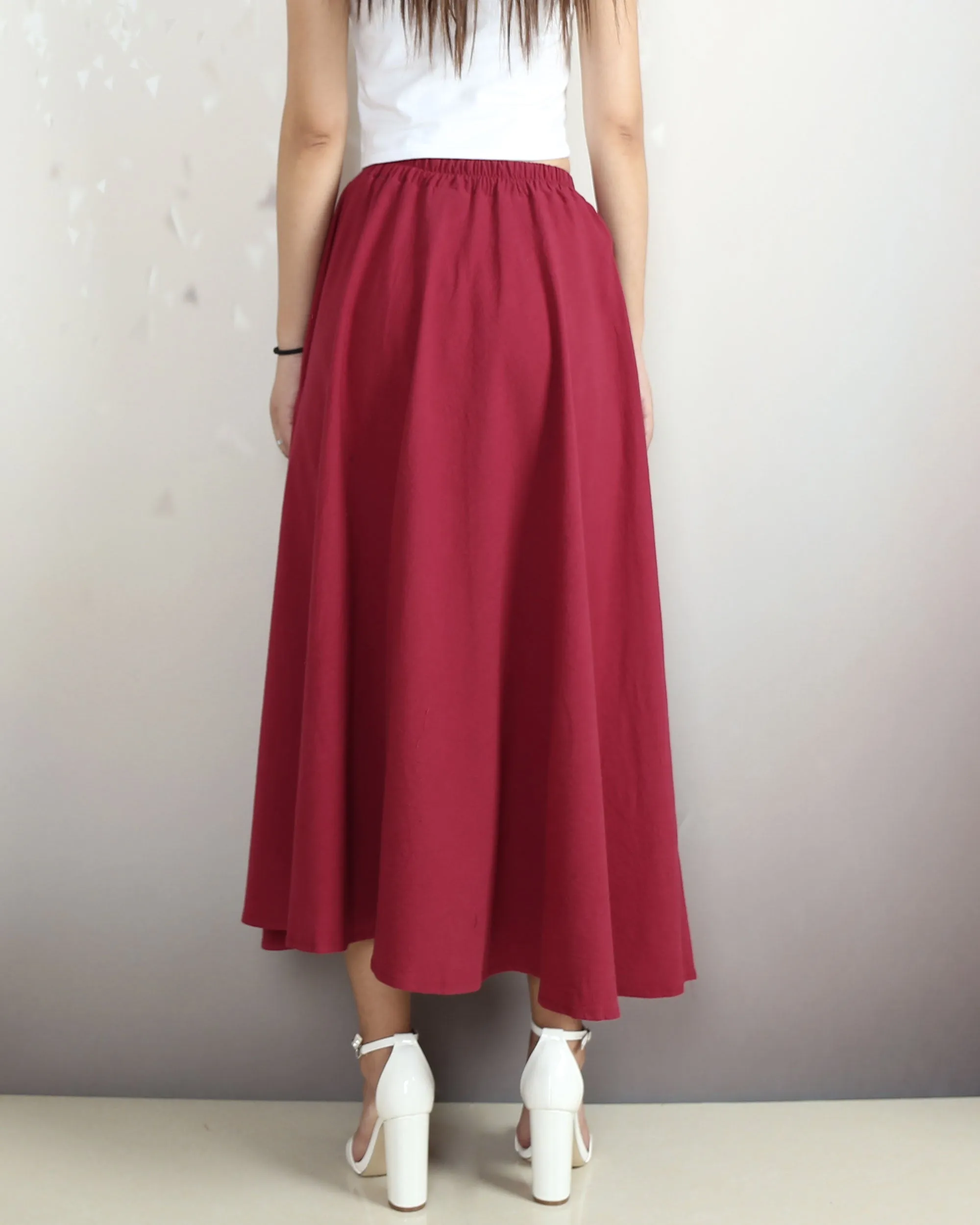 Elastic waist skirt, Midi linen skirt, Boho skirt with pockets, high waist skirt, flared skirt(Q1065)