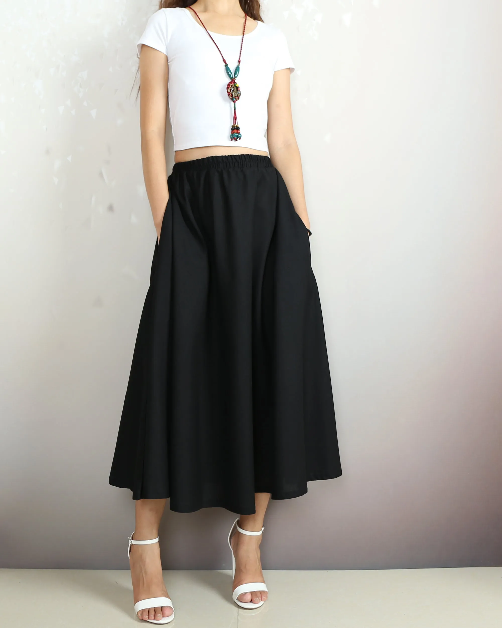 Elastic waist skirt, Midi linen skirt, Boho skirt with pockets, high waist skirt, flared skirt(Q1065)