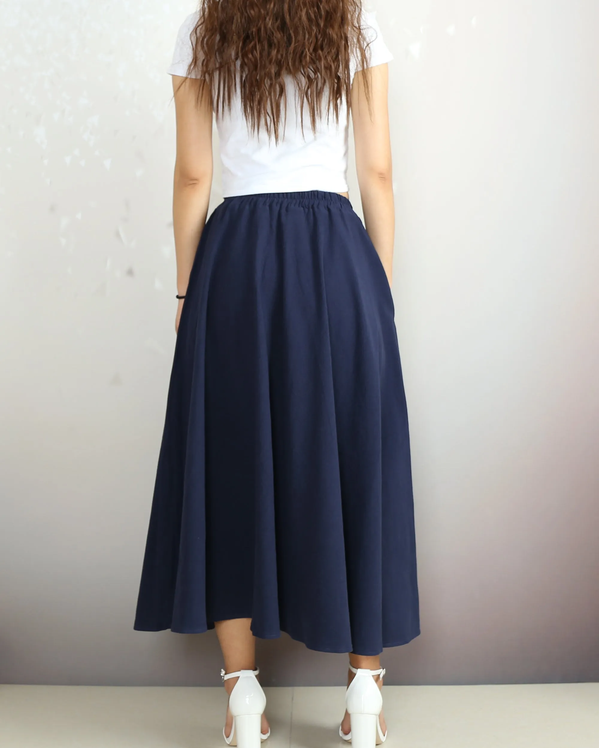 Elastic waist skirt, Midi linen skirt, Boho skirt with pockets, high waist skirt, flared skirt(Q1065)