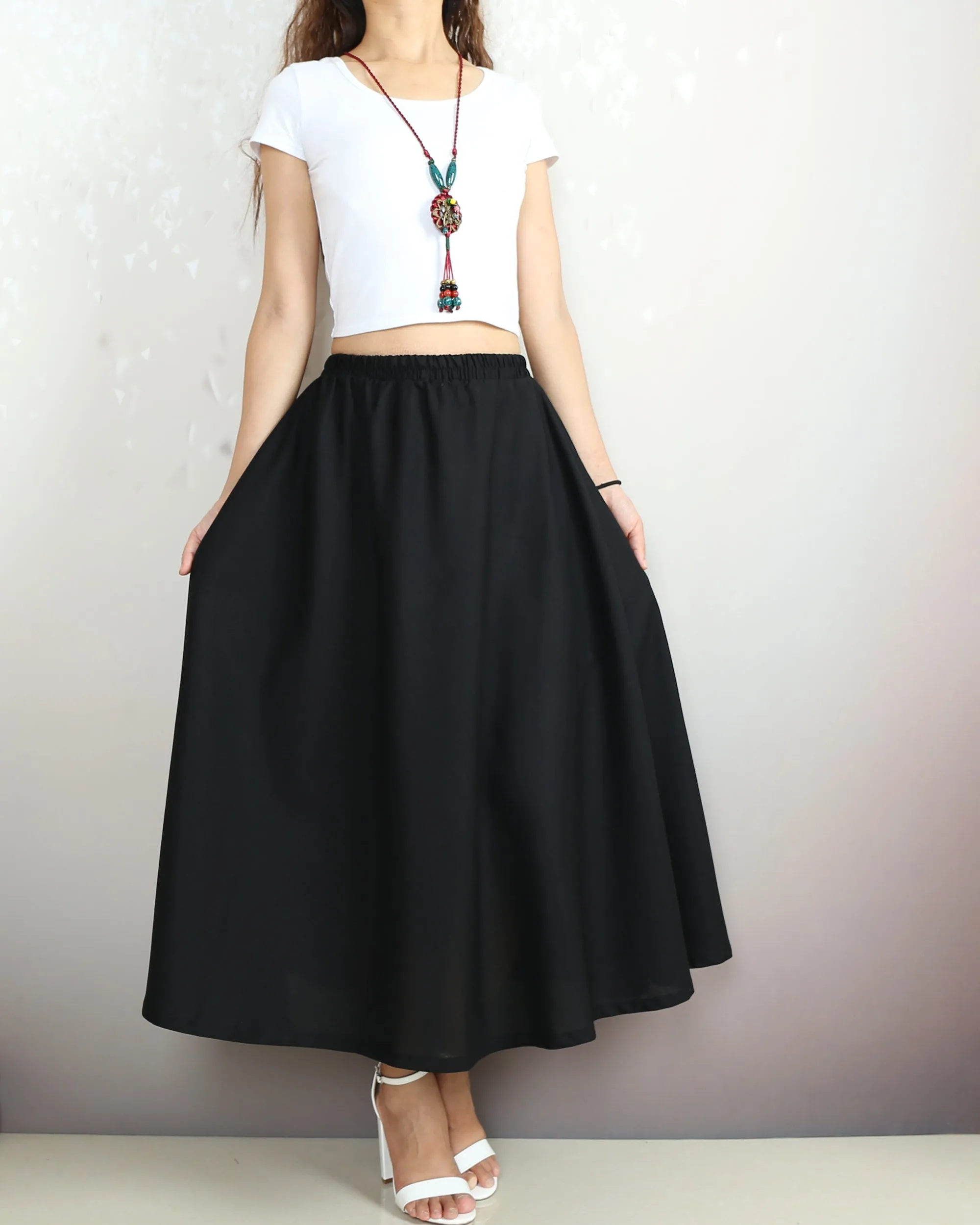 Elastic waist skirt, Midi linen skirt, Boho skirt with pockets, high waist skirt, flared skirt(Q1065)