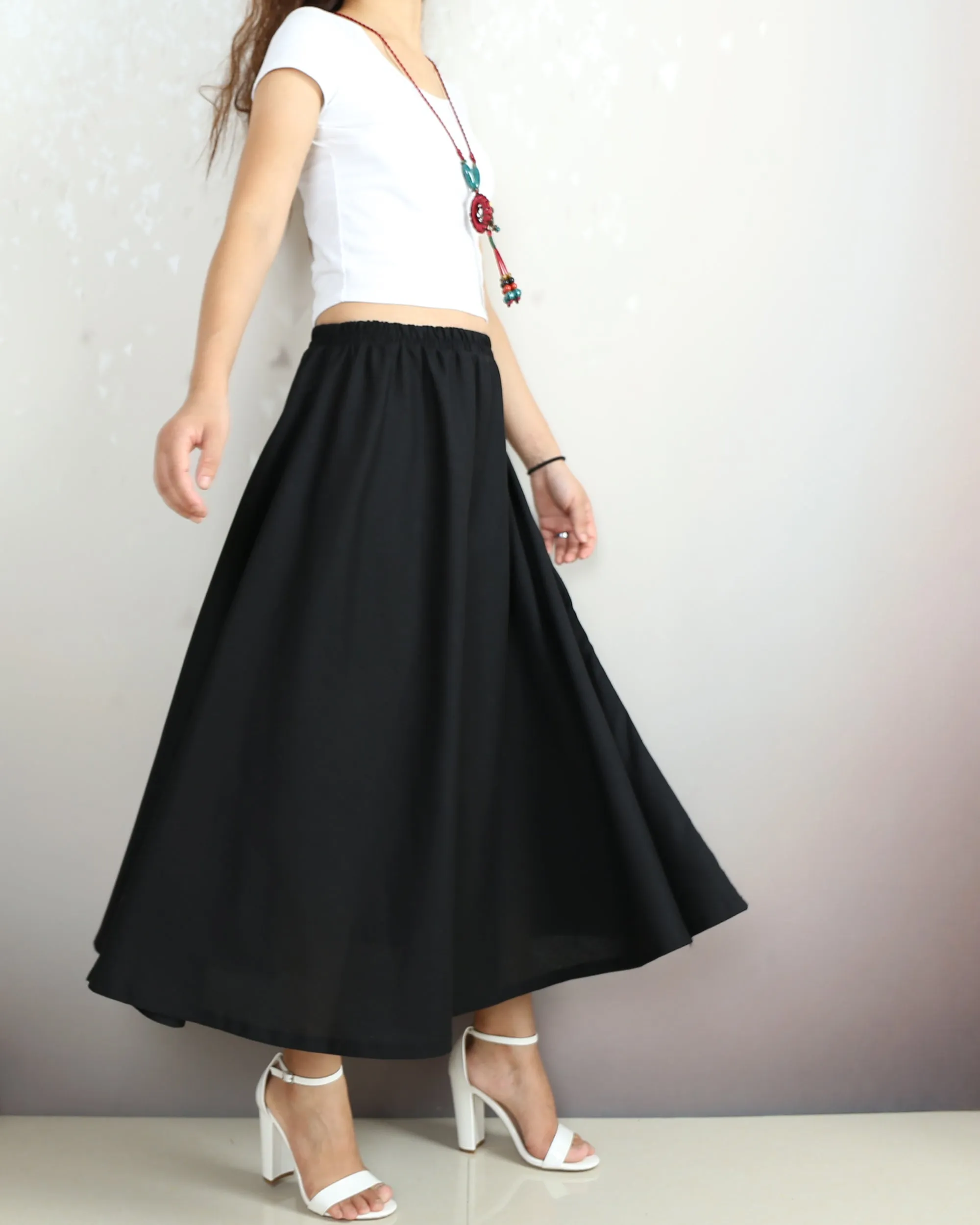 Elastic waist skirt, Midi linen skirt, Boho skirt with pockets, high waist skirt, flared skirt(Q1065)