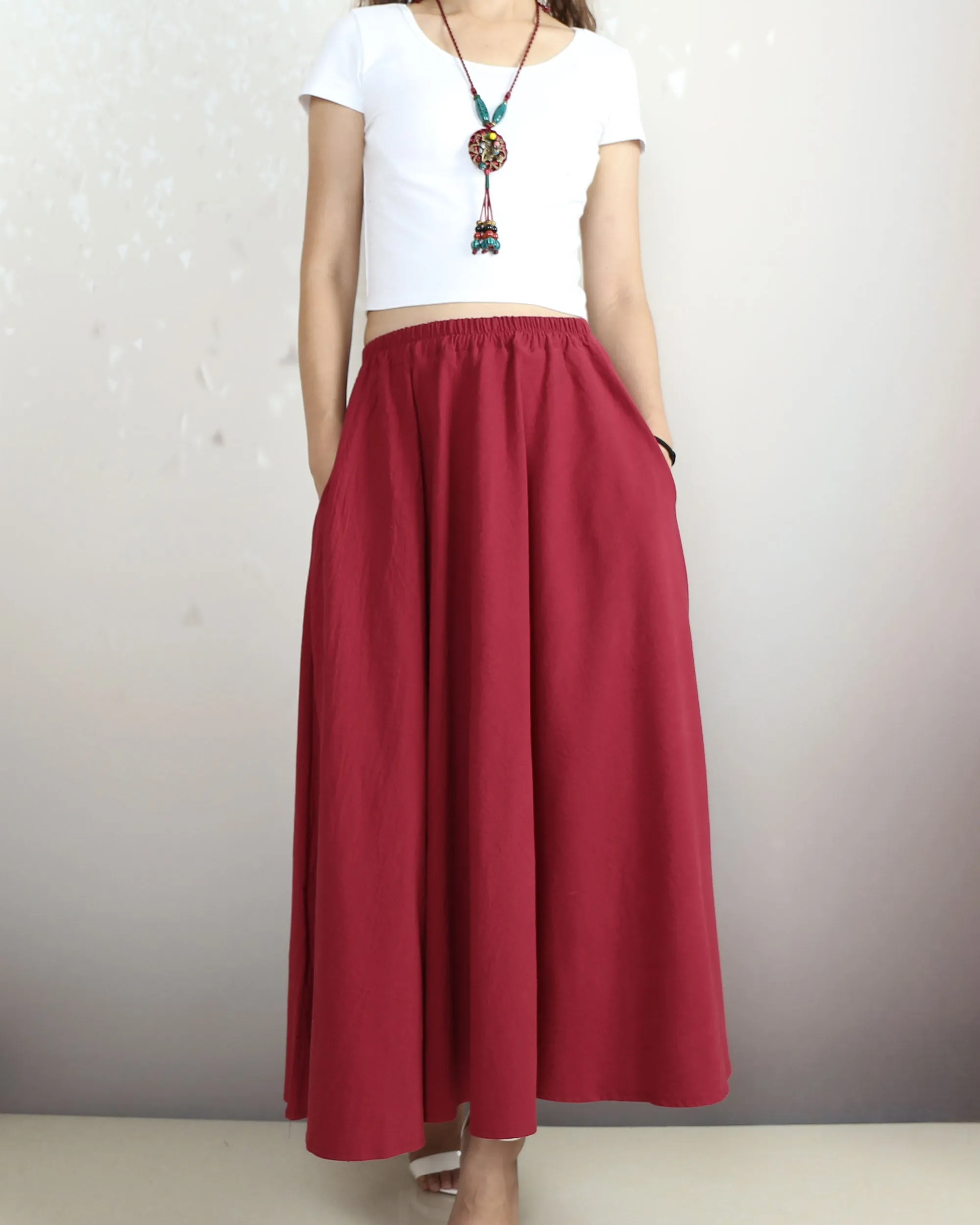 Elastic waist skirt, Midi linen skirt, Boho skirt with pockets, high waist skirt, flared skirt(Q1065)