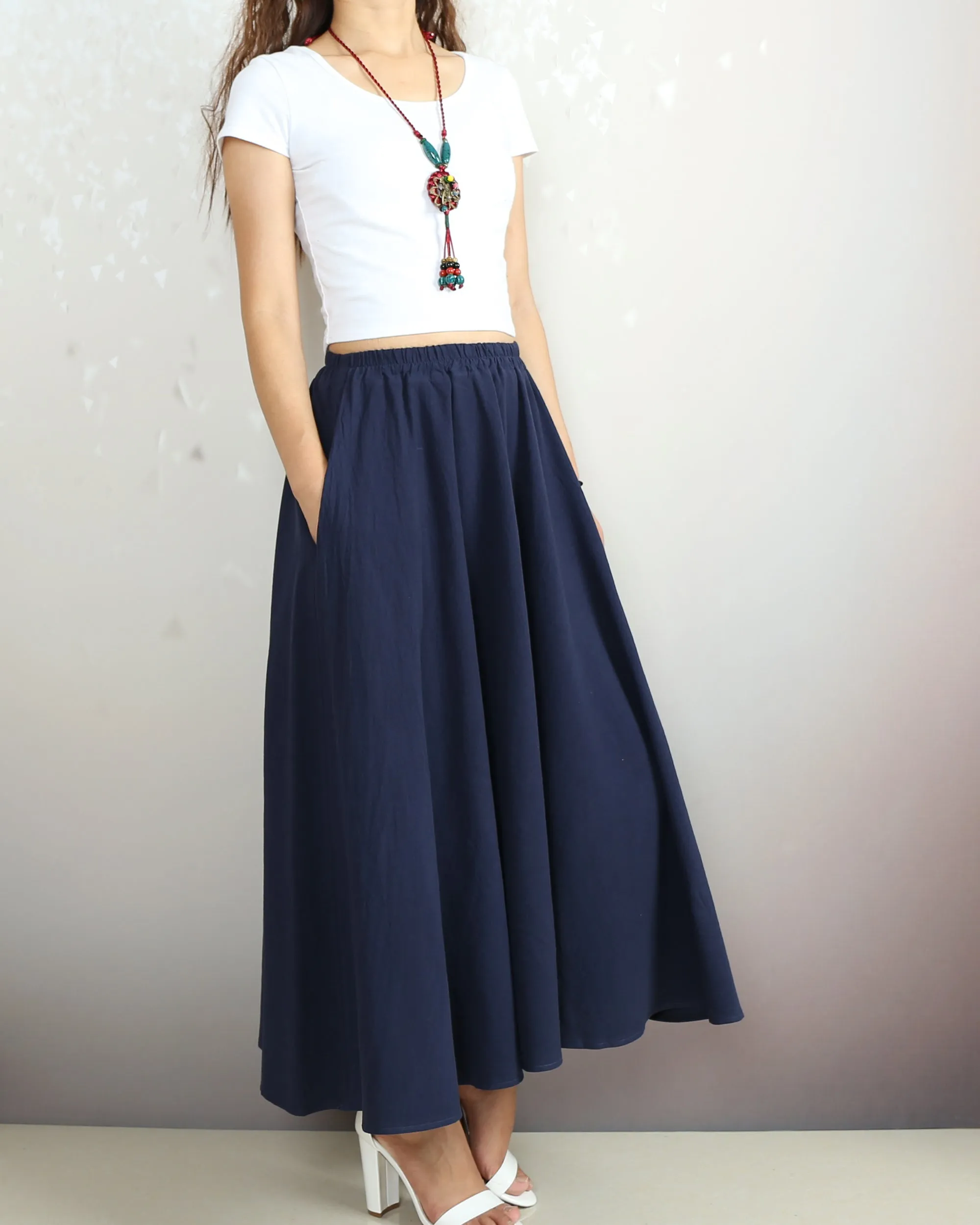 Elastic waist skirt, Midi linen skirt, Boho skirt with pockets, high waist skirt, flared skirt(Q1065)