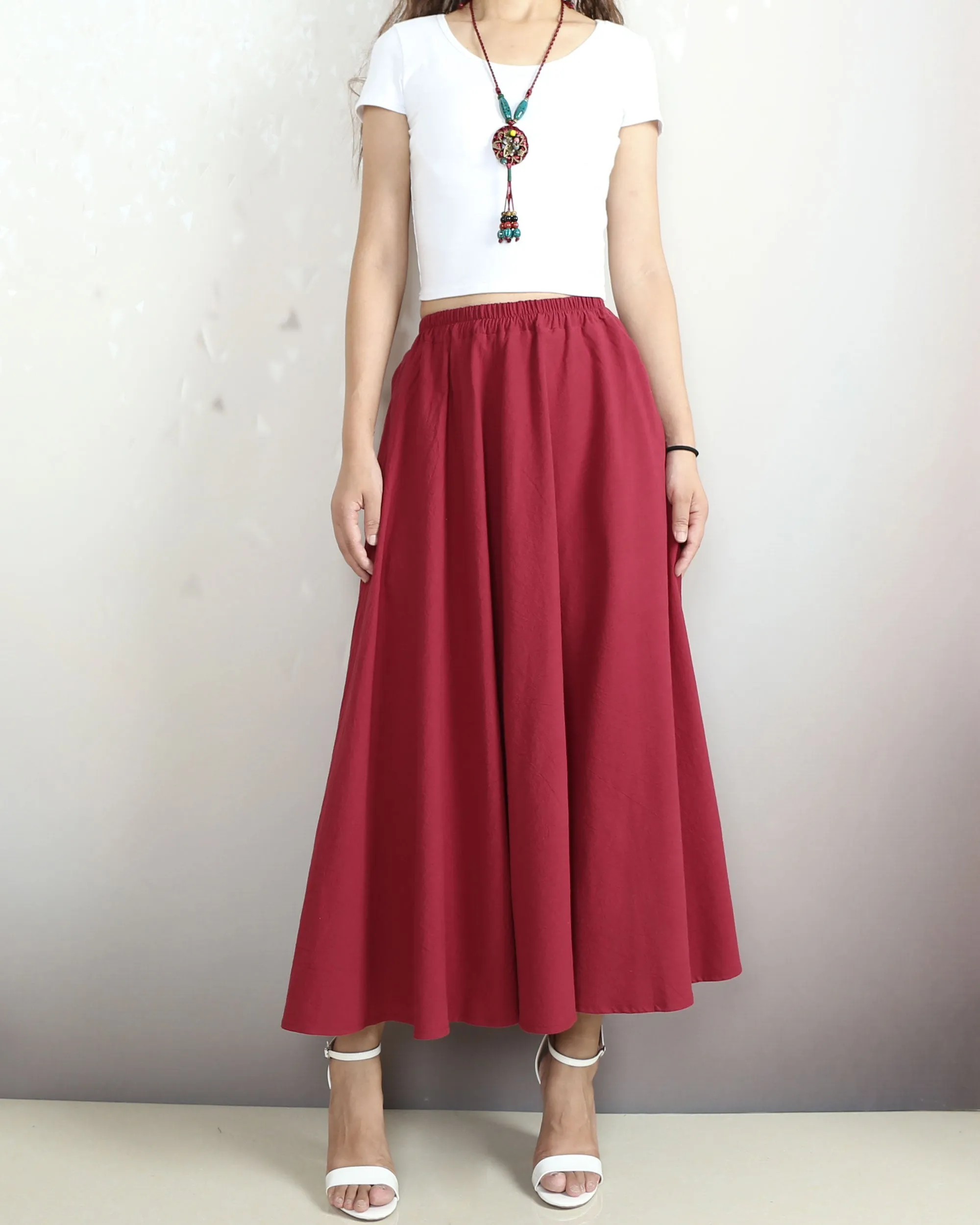 Elastic waist skirt, Midi linen skirt, Boho skirt with pockets, high waist skirt, flared skirt(Q1065)